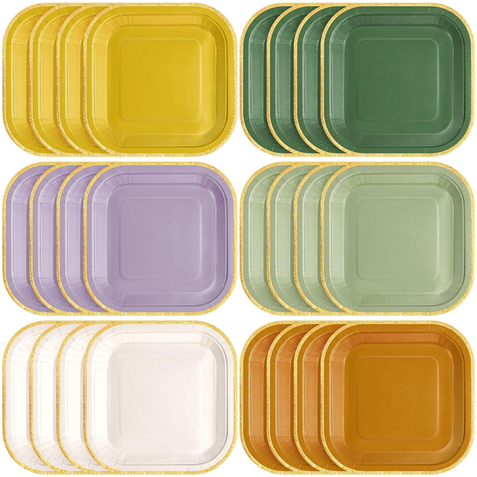 Tiangrid 60 Pcs Nature Wedding Boho Colorful Paper Plates 7 Inch Gradient Disposable Square Dessert Party Plates with Gold Edge 