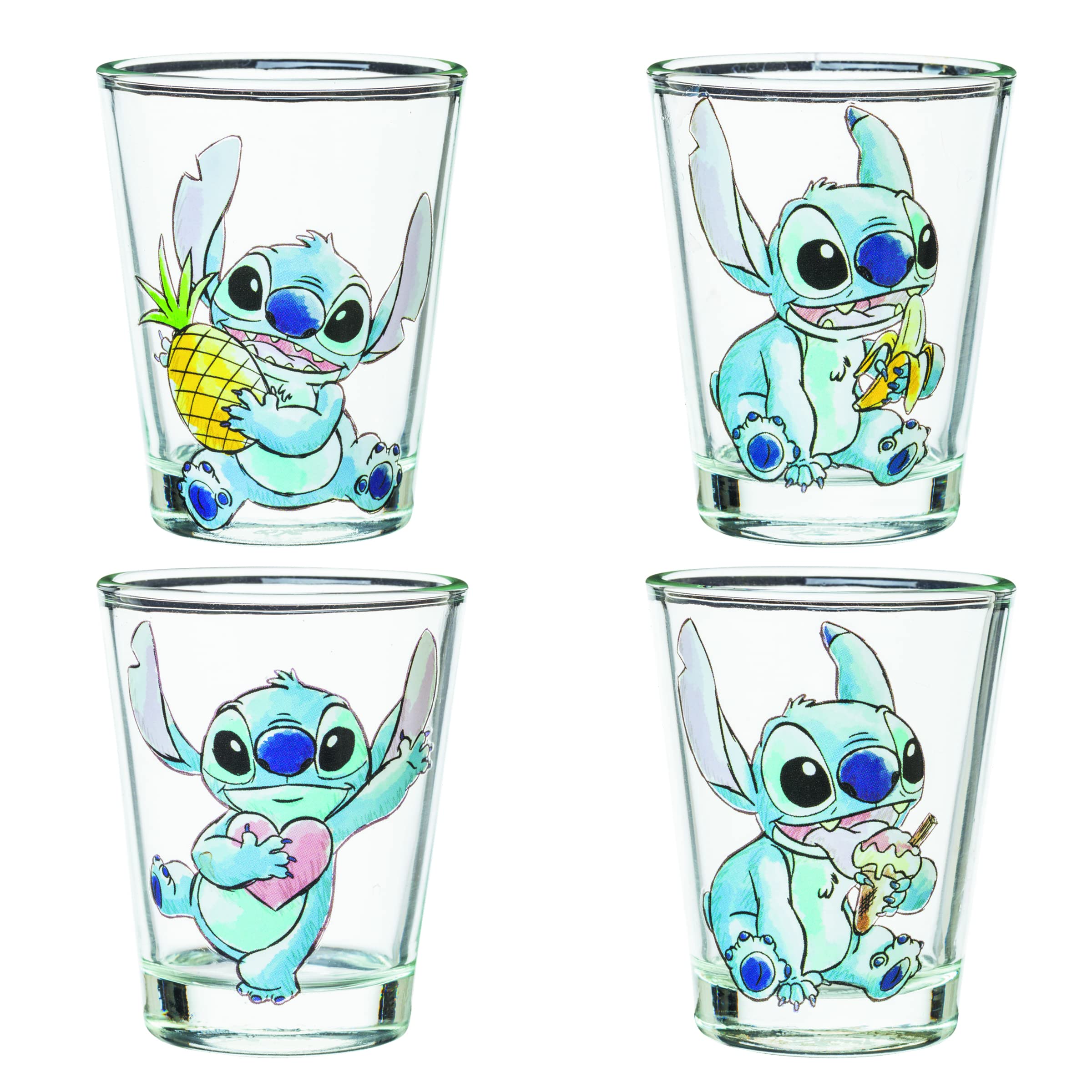 Silver Buffalo Disney Lilo And Stitch Poses With Fruit, Ice Cream, And Heart 4 Pack Mini Glasses, 1.5 Ounces