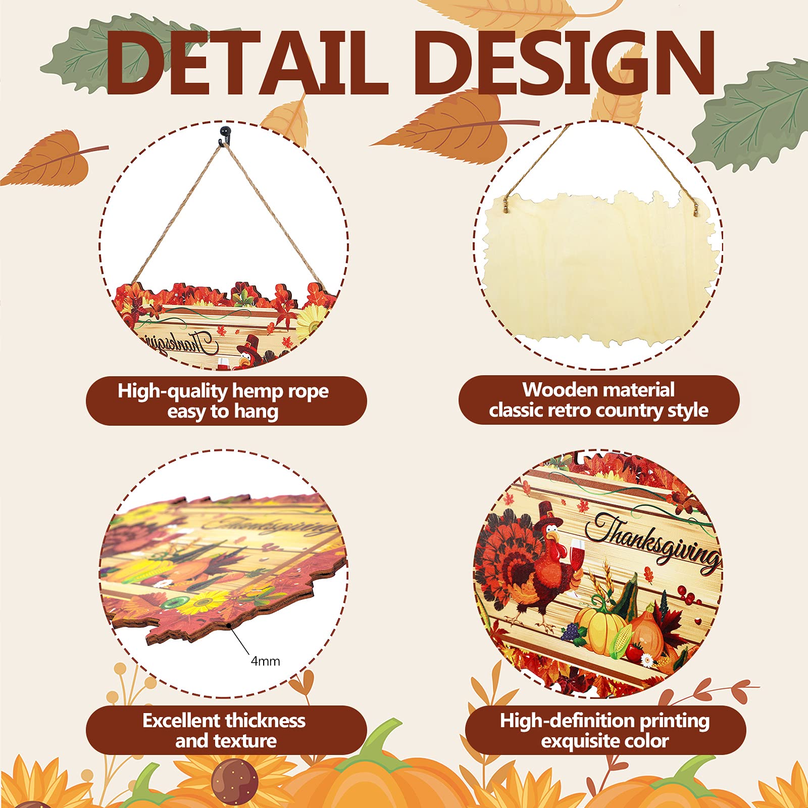 Thanksgiving Turkey Door Hanger Decorations 14 Inches Turkey Wreaths for Front Door Fall Wooden Thanksgiving Welcome Sign for Po