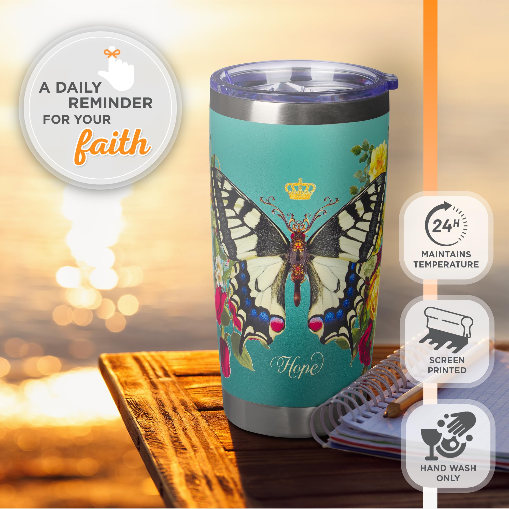 Christian Art Gifts Stainless Steel Double Wall Vacuum Insulated Tumbler 18 Oz Butterfly Teal Bpa-Free Travel Mug With Retractab