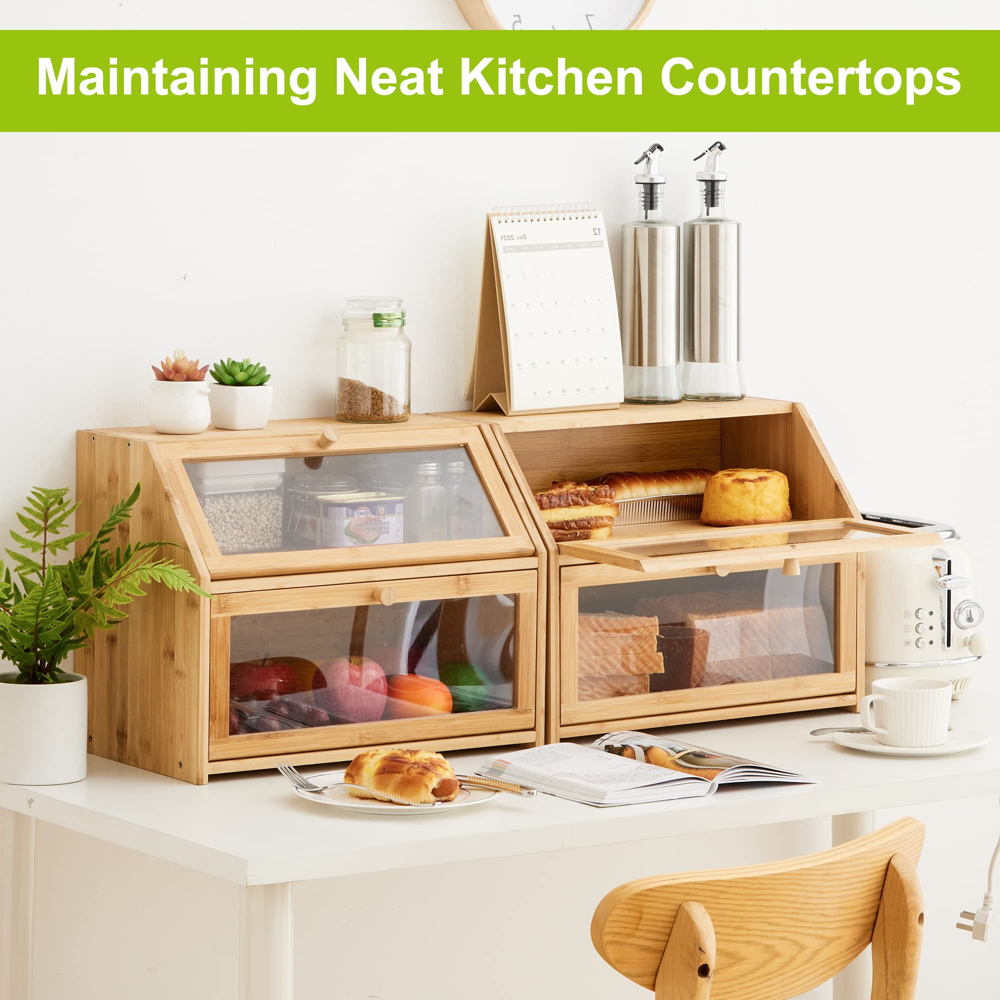 BMOSU Farmhouse Bread Box - Double Layer Bamboo Storage Container, Extra Large, Natural Color, Model CABB-TXMBX
