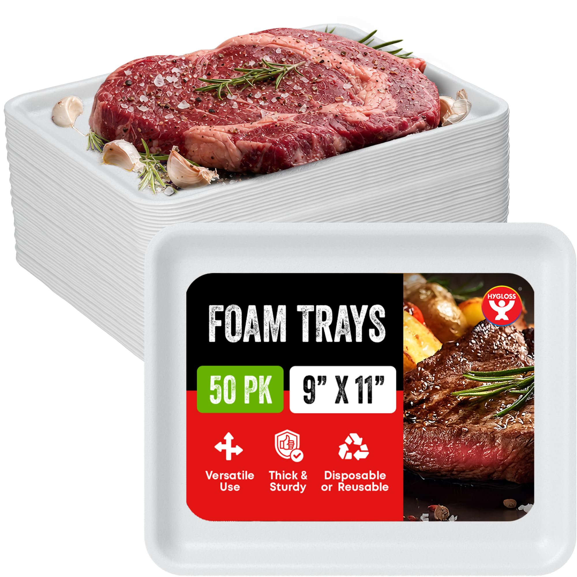 Hygloss White Foam Trays for Food & Crafts - 9 x 11 Inch - Pack of 50 - Multipurpose Rectangle Foam Meat Trays for Food Prep, Va