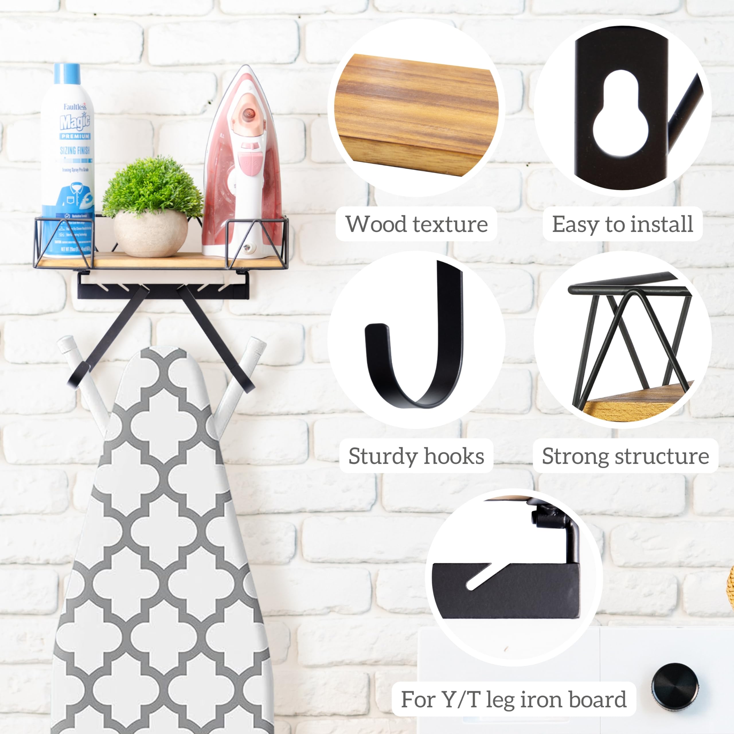 Perfnique Ironing Board Holder, Iron Board Wall Mount, Ironing Board Hanger, Laundry Room Organization With Removable Hooks(T&V