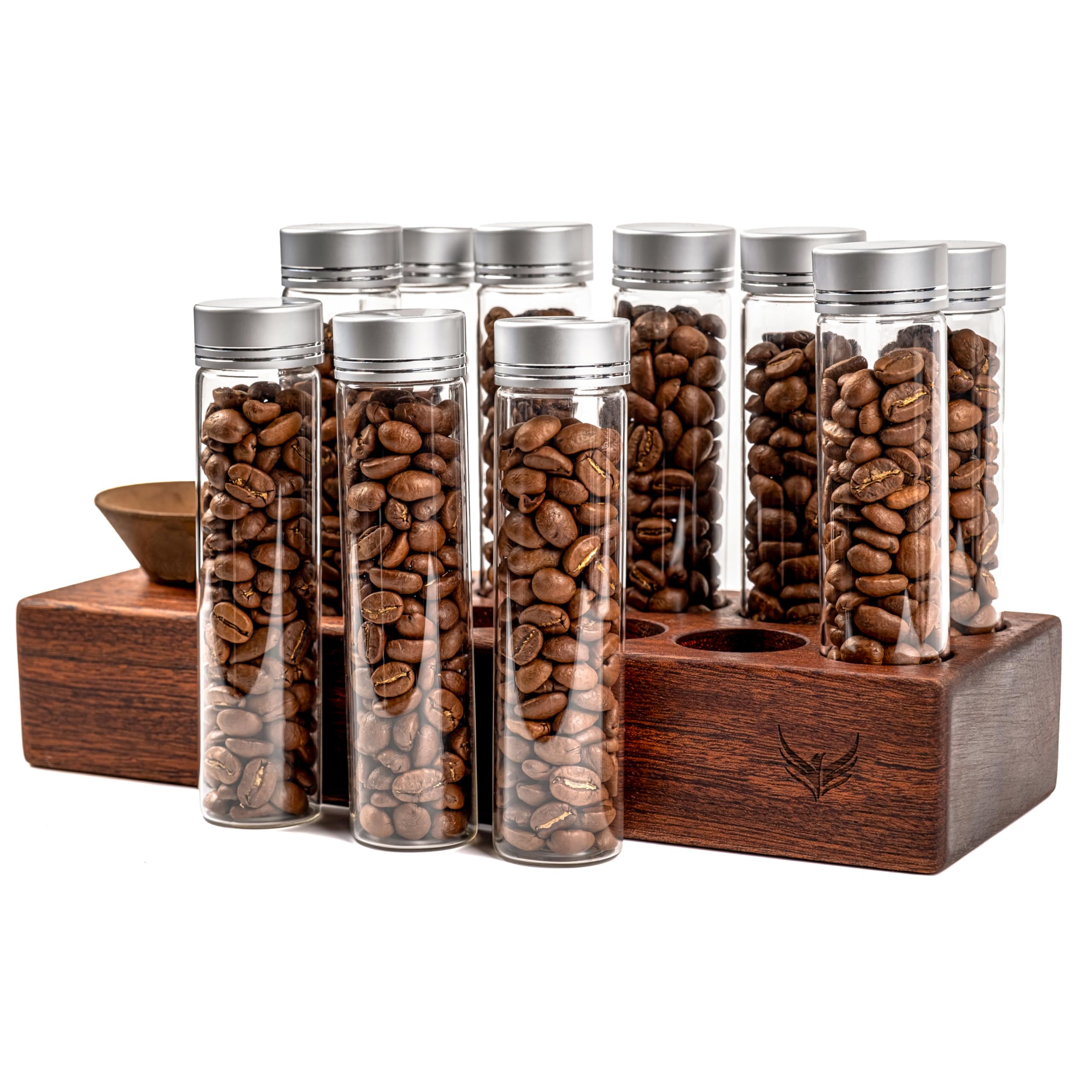 Single Dose Coffee Bean Storage Tubes Knodos Coffee Bean Cellar 10 Pcs Dosing Glass Vials With Lids (2 Oz) Wooden Display Stand