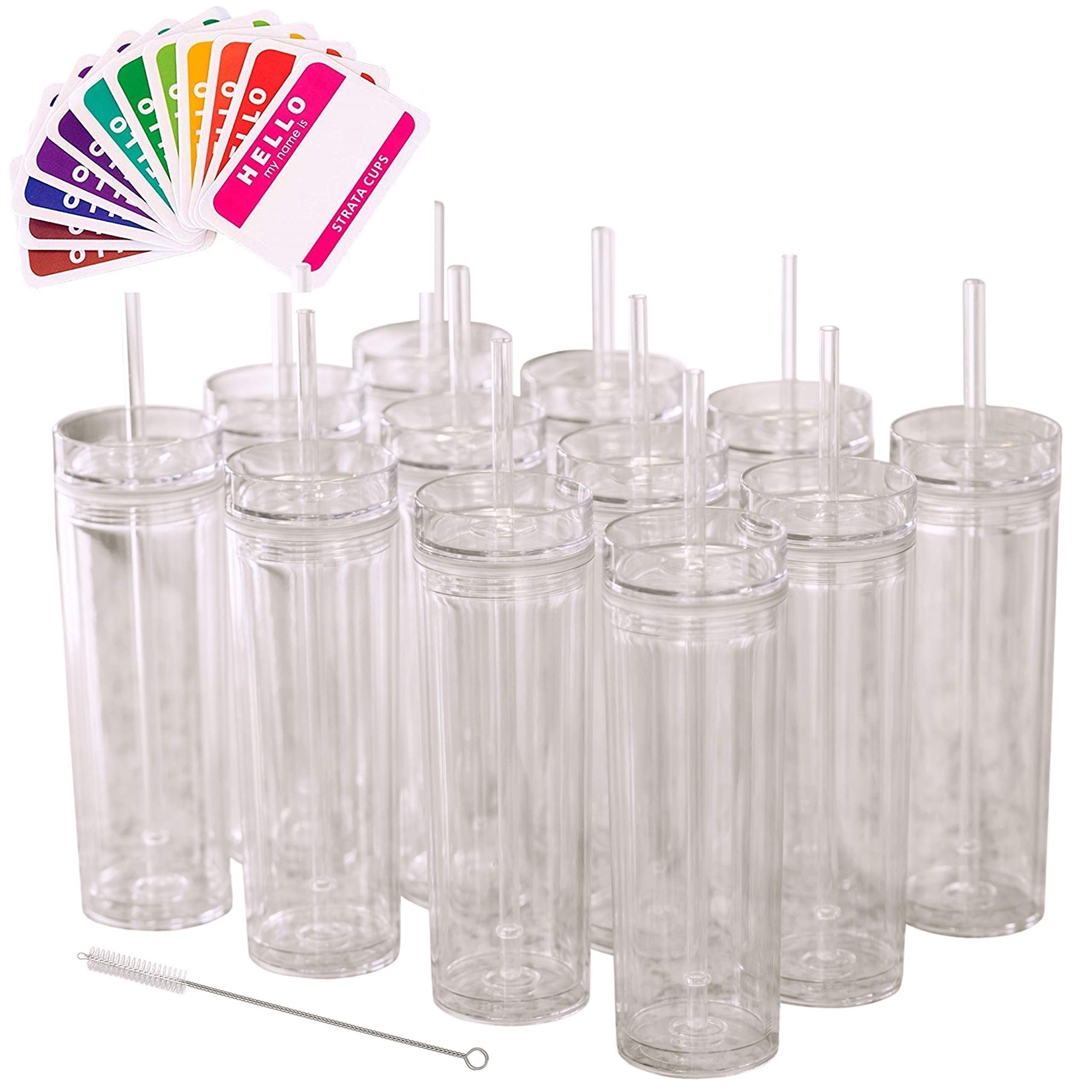 STRATA CUPS 24 Pack Skinny Clear Tumblers with Lid and Straw Bulk - 16oz Double Wall White Acrylic Tumblers With FREE Straw Clea