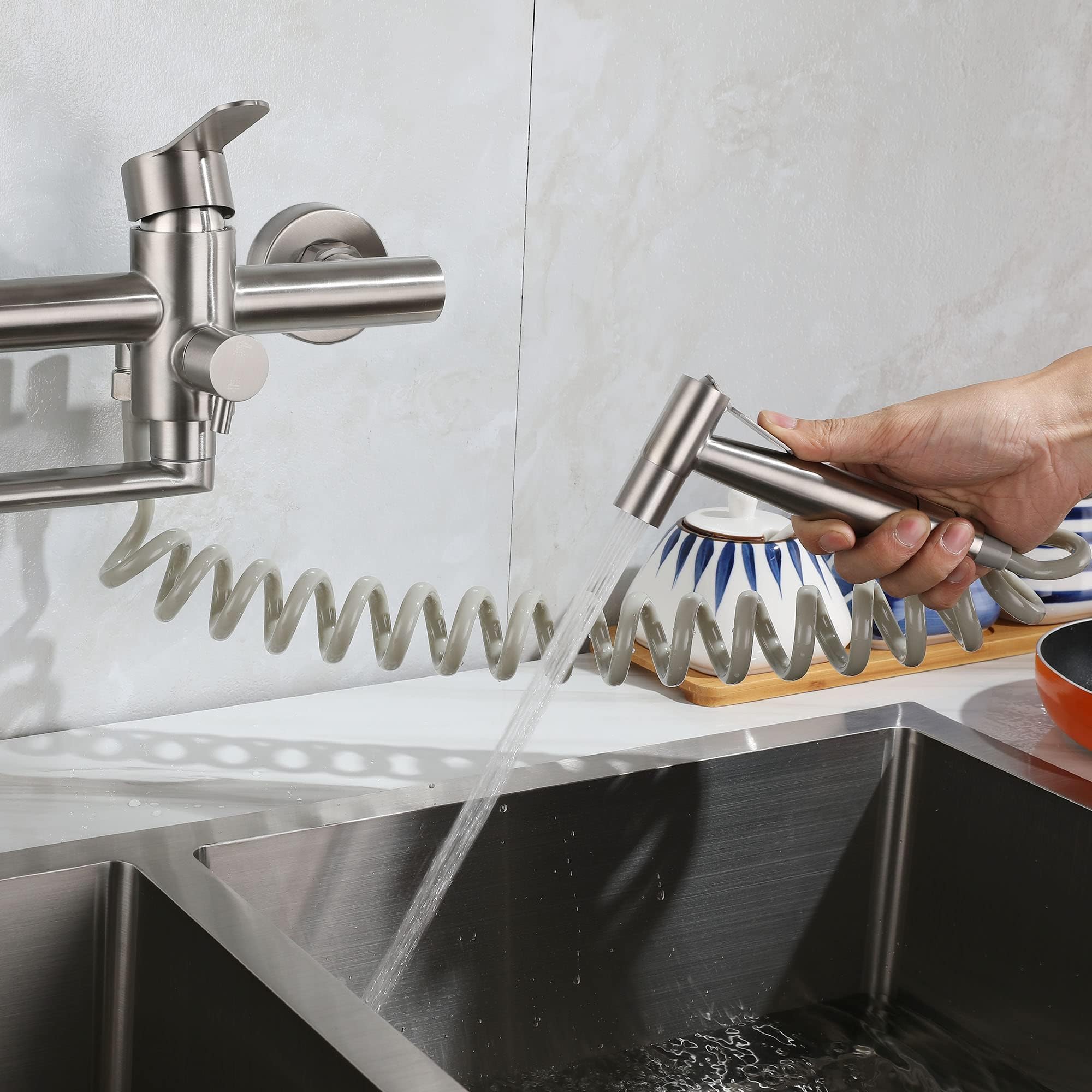 Zhyich Wall Mount Kitchen Sink Faucet With Side Sprayer, Commercial Faucet, Nickel Brushed Unility Sink Faucet, Mixer Tap, 7.7-8
