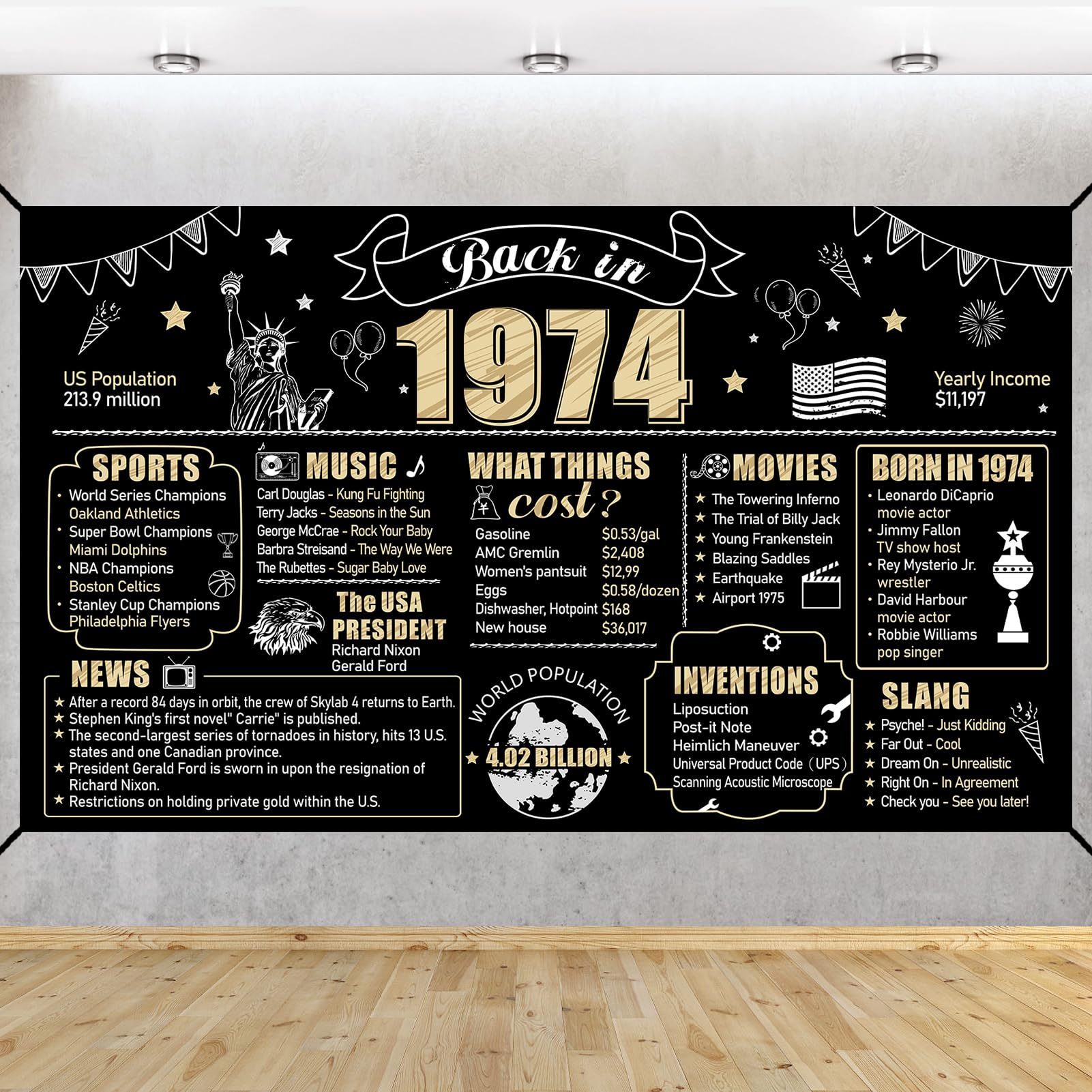 Eiurteao Large 50Th Birthday Banner Backdrop Decorations For Men Women, Black Gold Back In 1974 50 Birthday Sign Party Supplies,