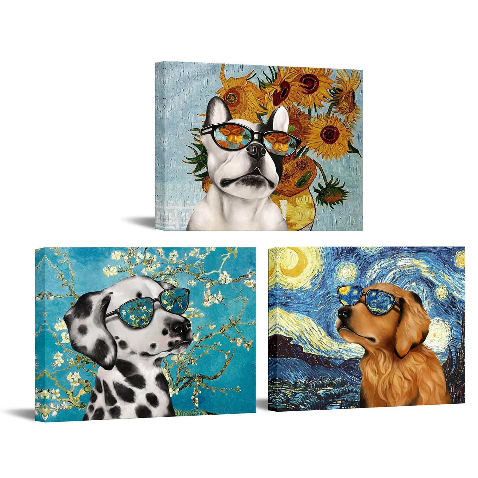 Visual Art Decor Creative Dog Picture For Wall Decor Van Gogh Starry Night Sunflower Sunflower Painting Prints In Dog'S Sunglass