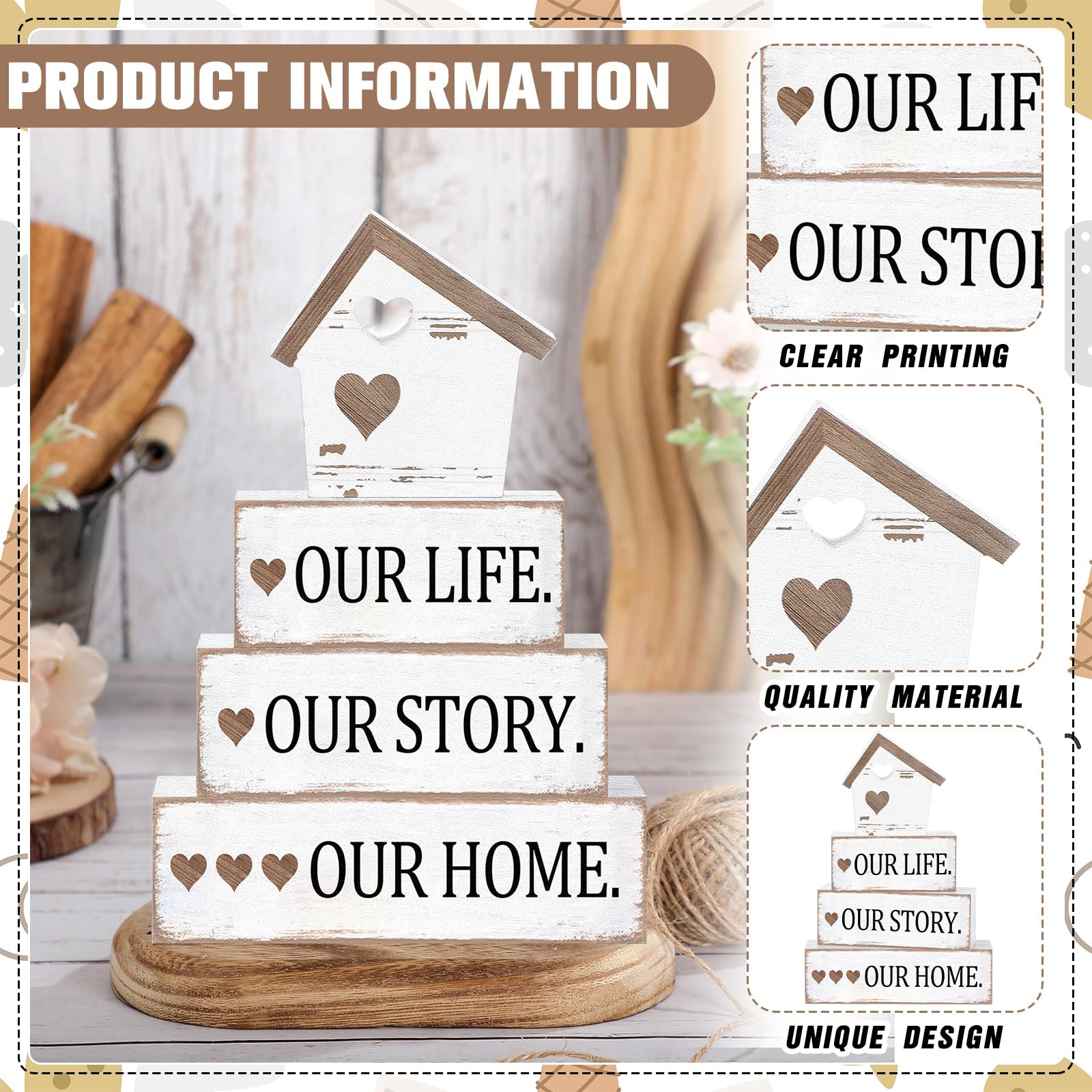 Cinnvoice Farmhouse Wooden Tabletop Decor Home Tiered Tray Decor Rustic Distressed Our Life Story Home Wood Sign Neutral Decorat