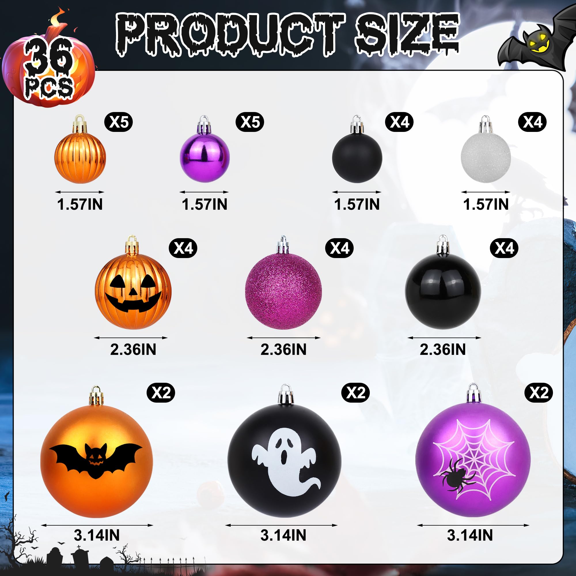 Halloween Ball Ornaments for Tree, 36PCS Halloween Tree Decorations Shatterproof Pumpkin Bat Spider Ghost Ornaments Hanging Ball