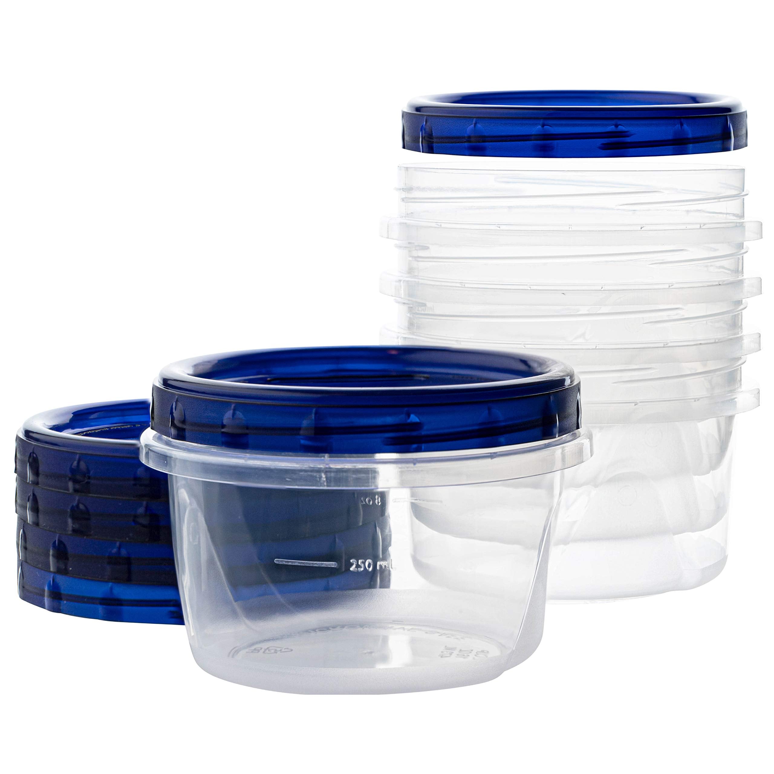 Plasticpro [16 Oz 5 Pack] Deli Containers Clear Bottom With Blue Top Twist On Lids Reusable, Stackable, Food Storage Freezer Con