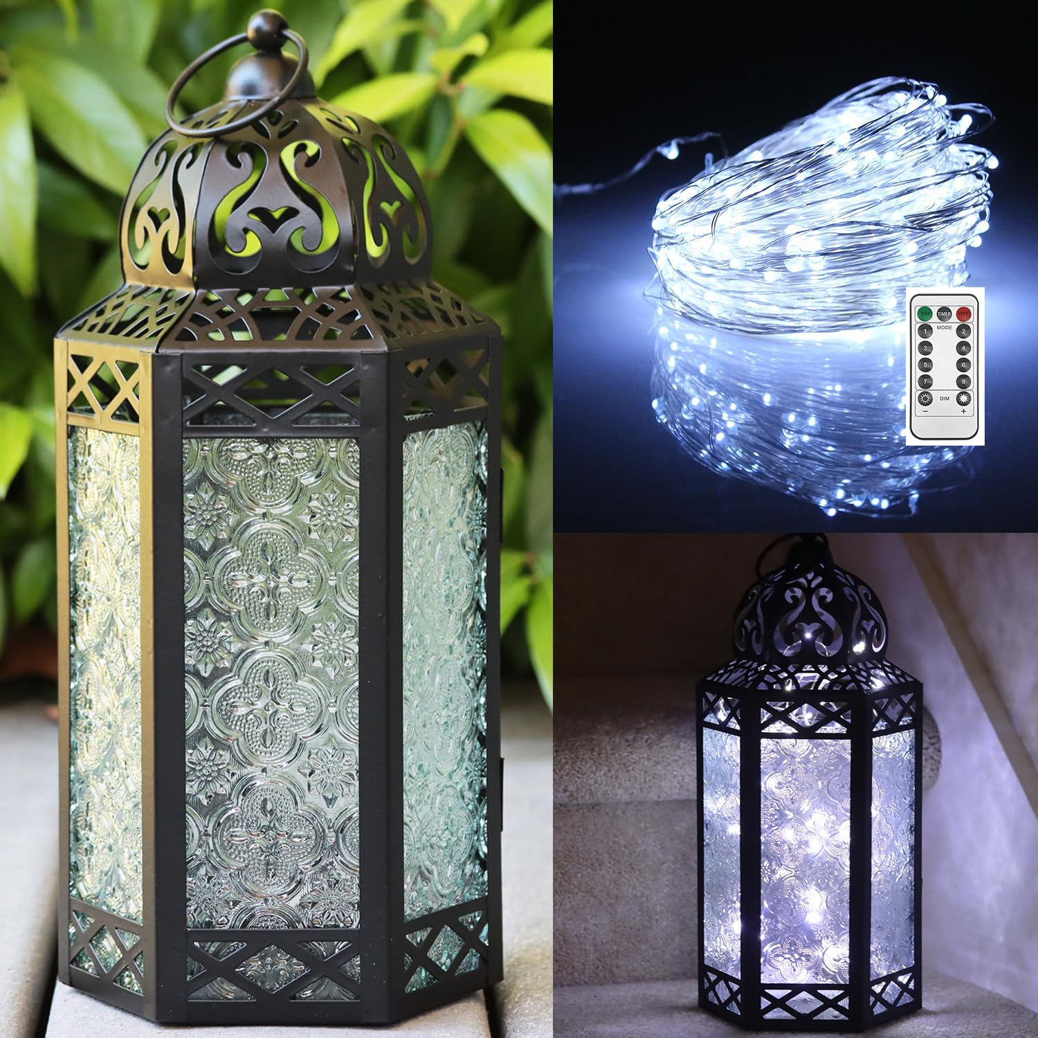 Vela Lanterns 12pk LED Fairy String Lights Candle Holder Decorative Moroccan Lantern, Clear Glass, Large