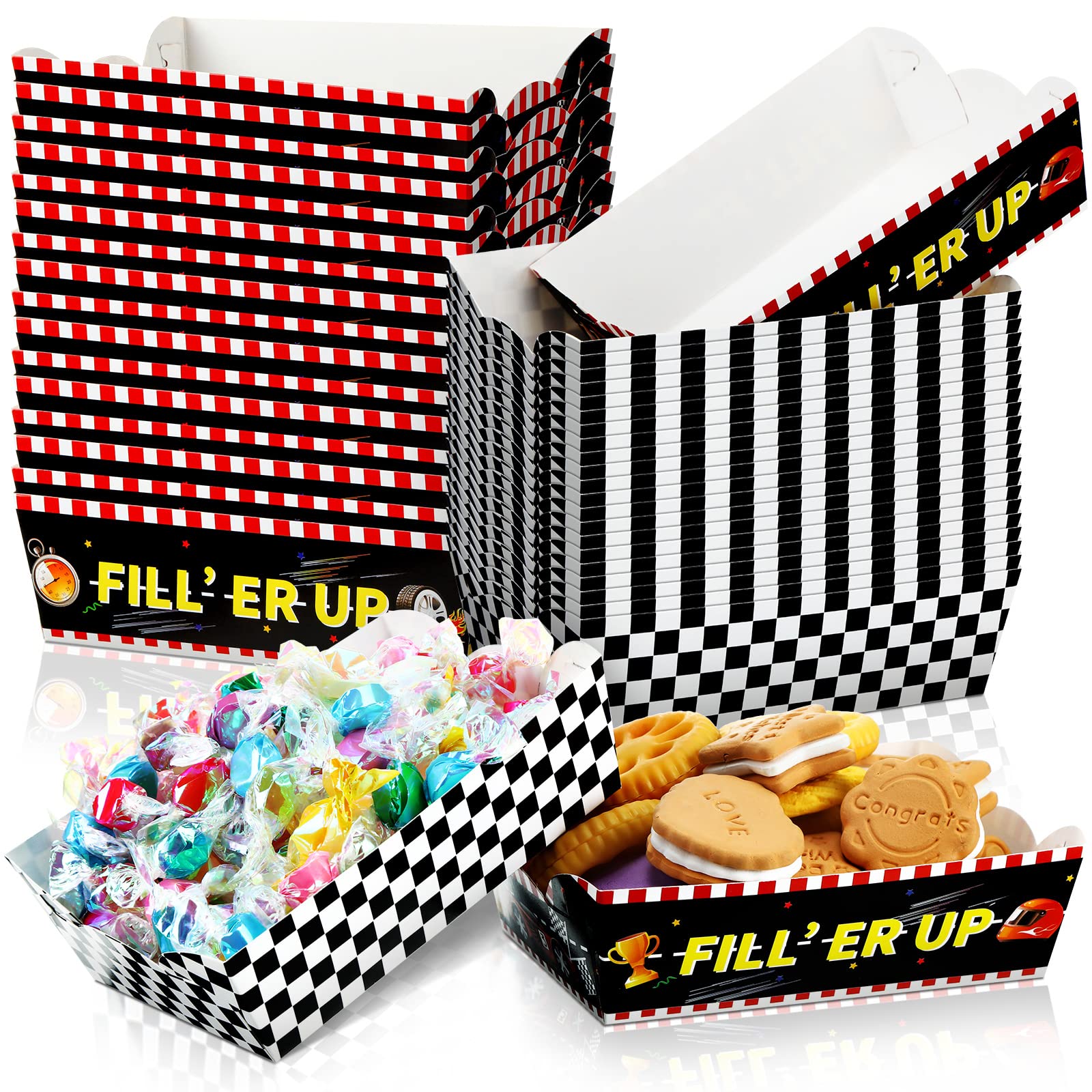Cunhill 60 Pcs Racing Car Party Supplies Checkered Nacho Food Tray Boat Race Car Decoration Black and White Plaid Disposable Pap