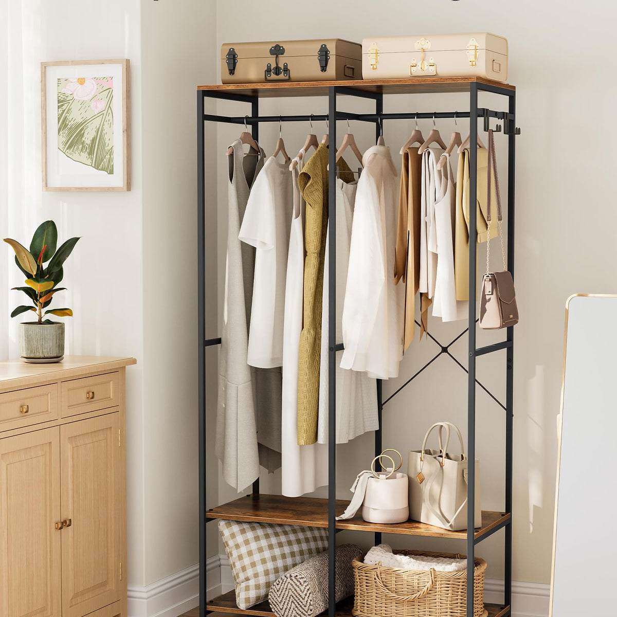 Songmics Clothes Rack, Iron And Wood Wardrobe Closet Organizer, Heavy ...