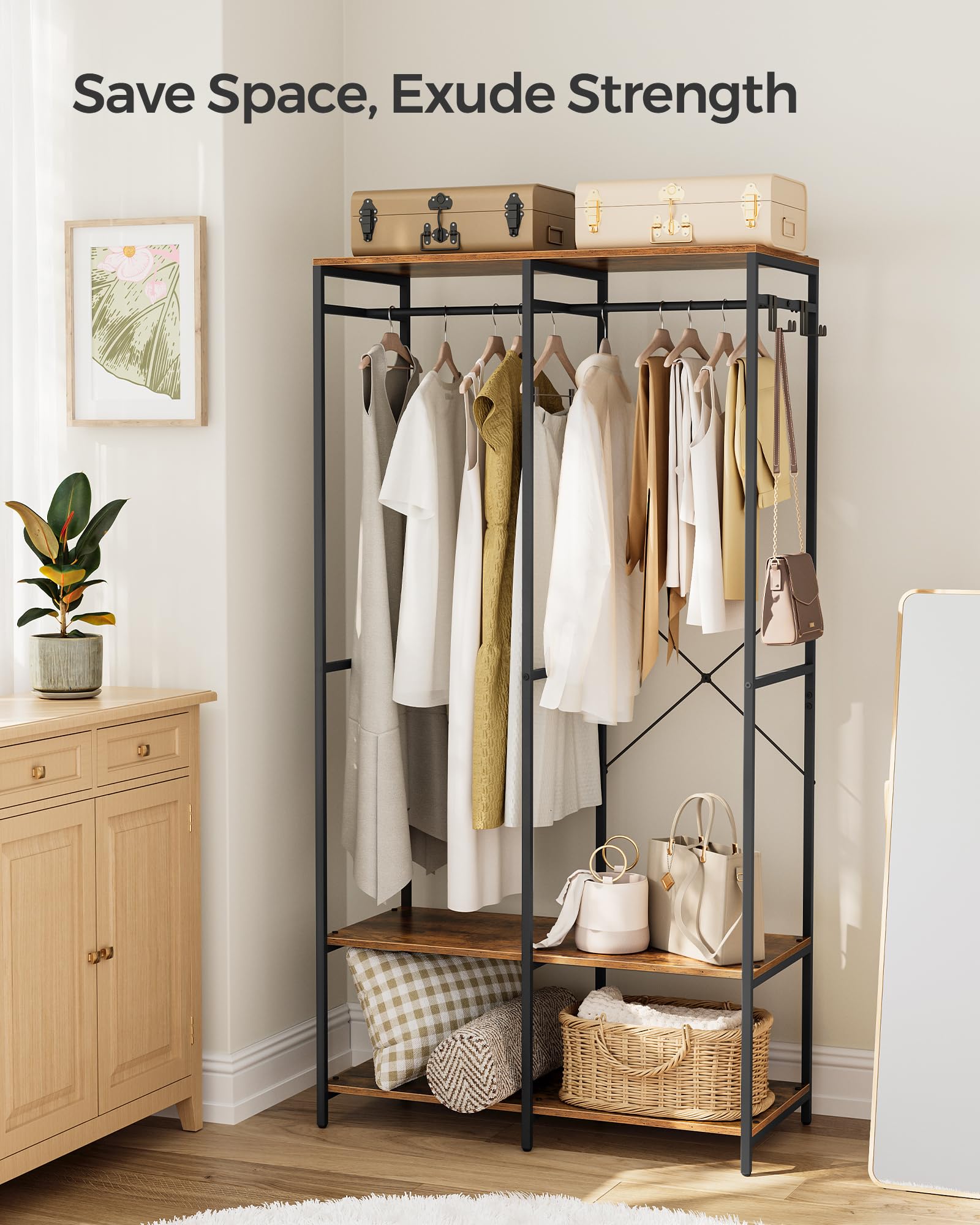 Songmics Clothes Rack, Iron And Wood Wardrobe Closet Organizer, Heavy Duty Garment Rack With Hanging Rods, Closet Shelves, Remov