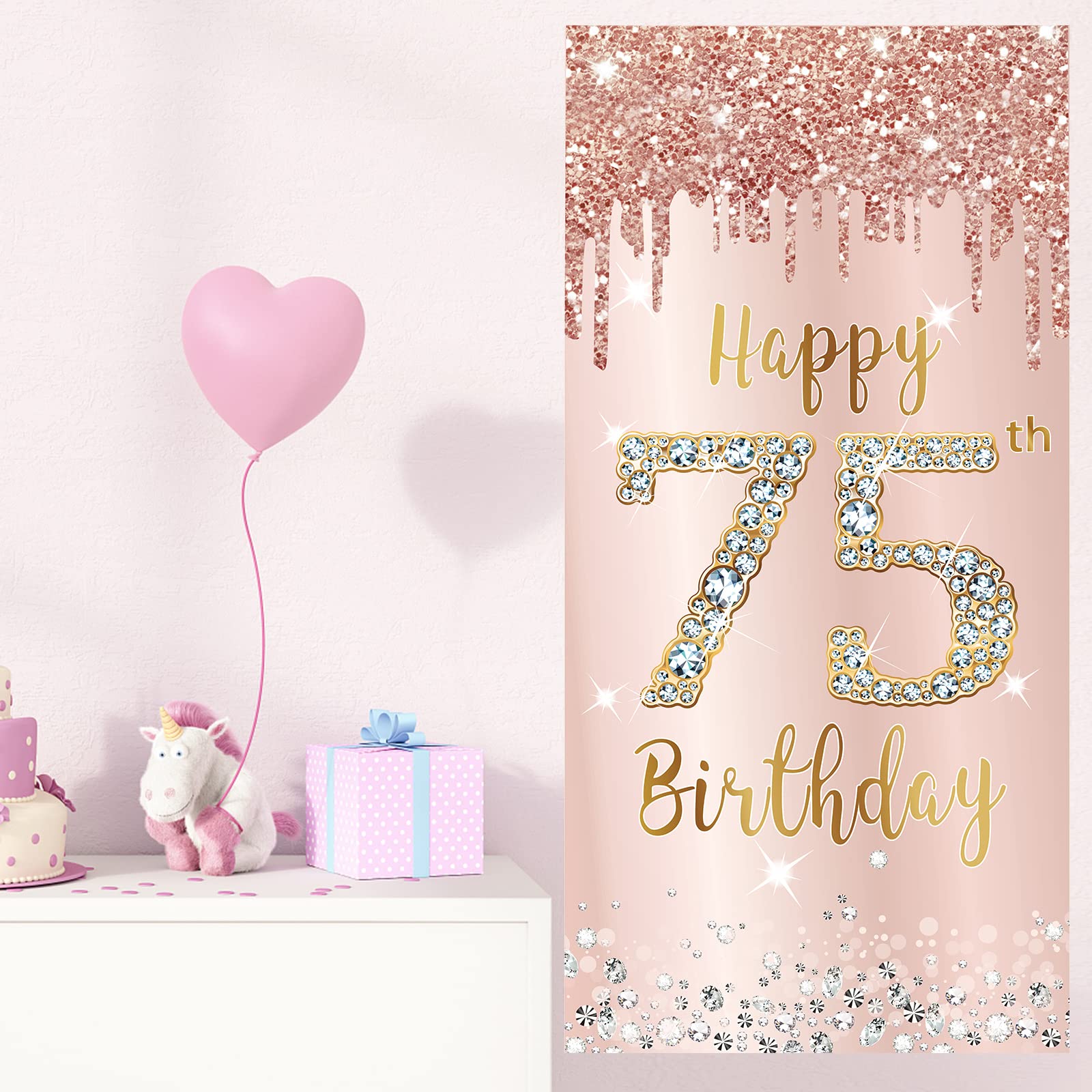 75Th Birthday Decorations Door Banner For Women, Pink Rose Gold Happy 75 Birthday Backdrop Party Supplies, 75 Year Old Birthday