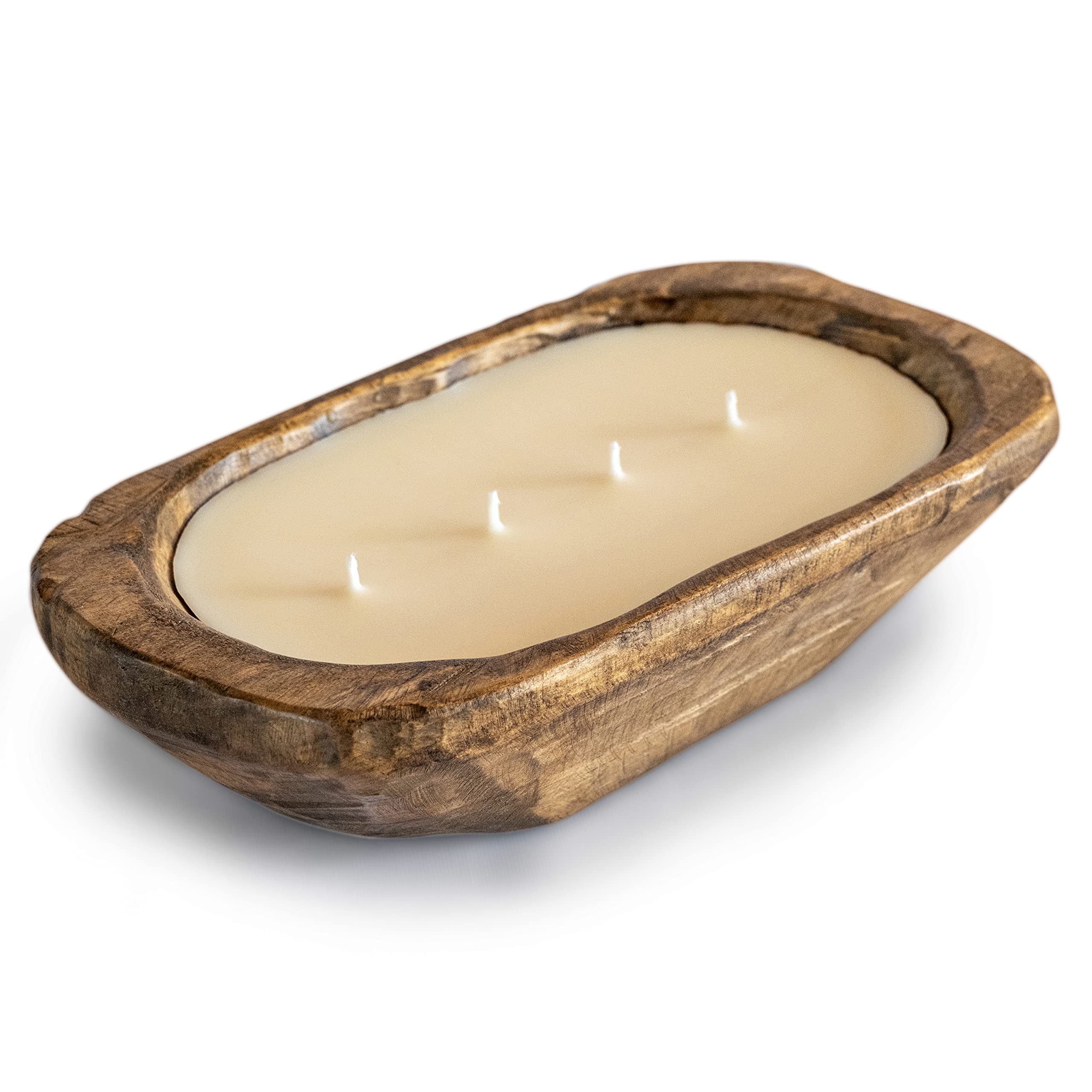 Wooden Dough Bowl Candle 10 Inch  Wooden Dough Bowl Soy Candle  Farmhouse Dough Bowl Candles for Table  Wood Bowl Candle Boat 4 Wick  Wooden Candle Bowl Decor