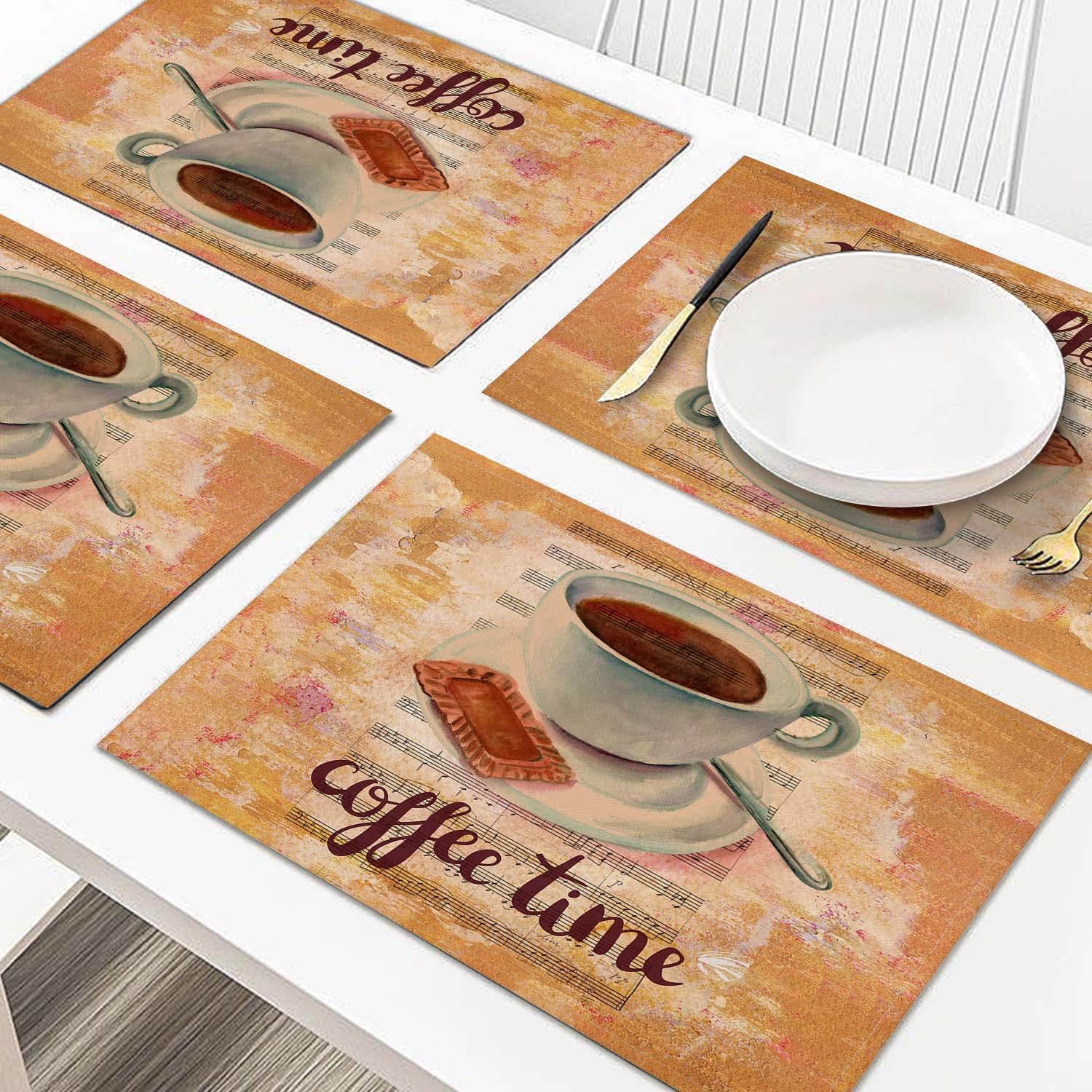 Cloth Placemats Set Of 4,Coffee Theme Coffee Time Linen Table Mats,Heat Resistant Woven Placemats Non-Slip Dining Table Place Ma