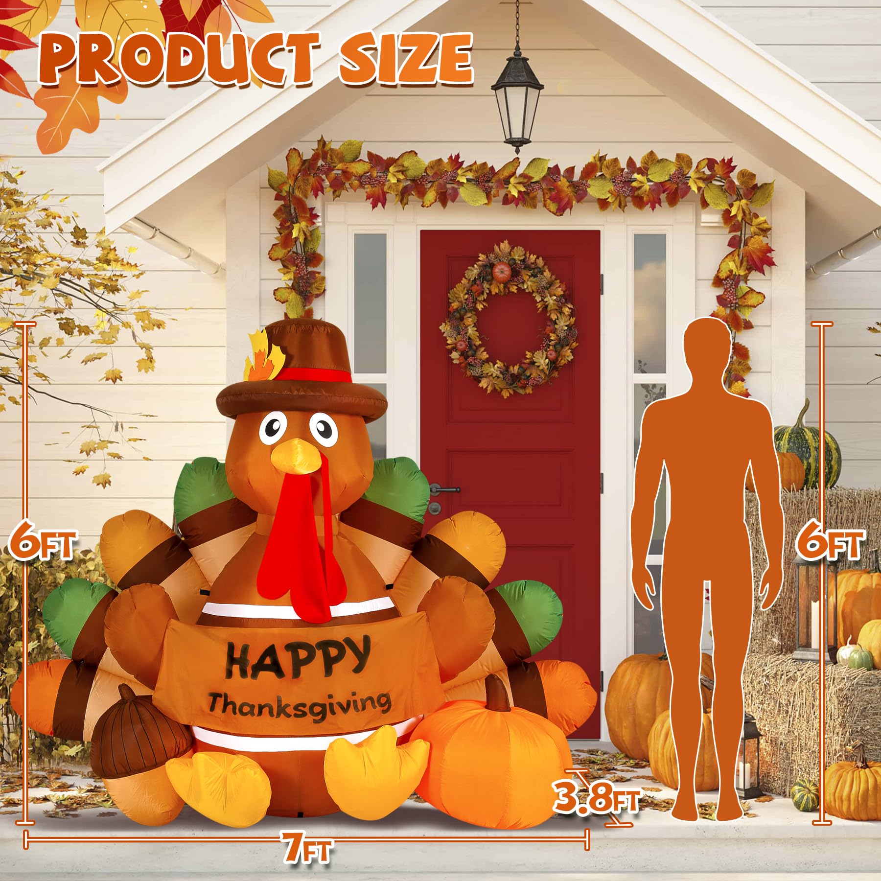 Loninak 6 Ft Thanksgiving Inflatable Decoration, Happy Thanksgiving Turkey Built-in LED Lights, Outdoor Blow Up Yard Fun Decor,