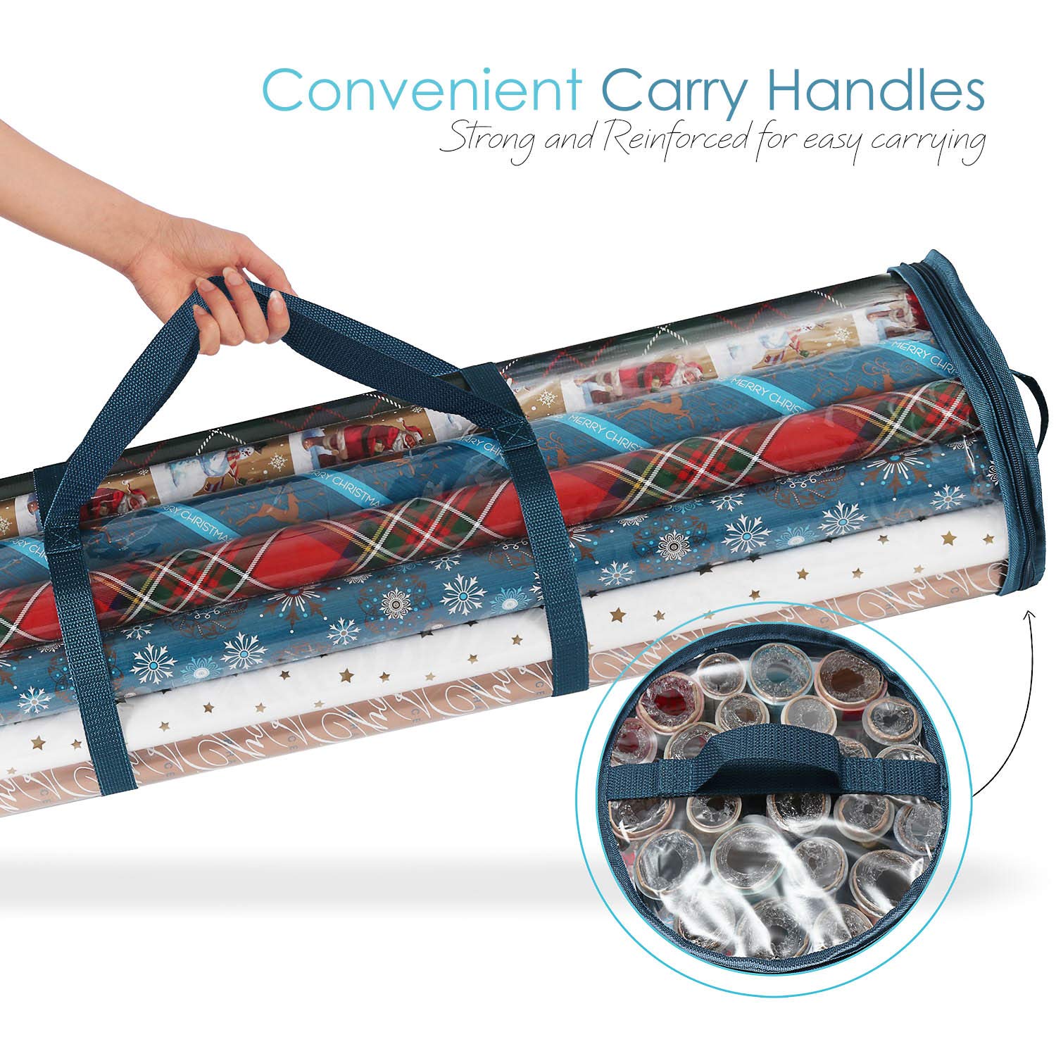 Hearth & Harbor Wrapping Paper Storage Container - Clear, Fits Up To 14 Rolls, Small, Steel Blue, Model HHHS02, Tear Proof Organizer