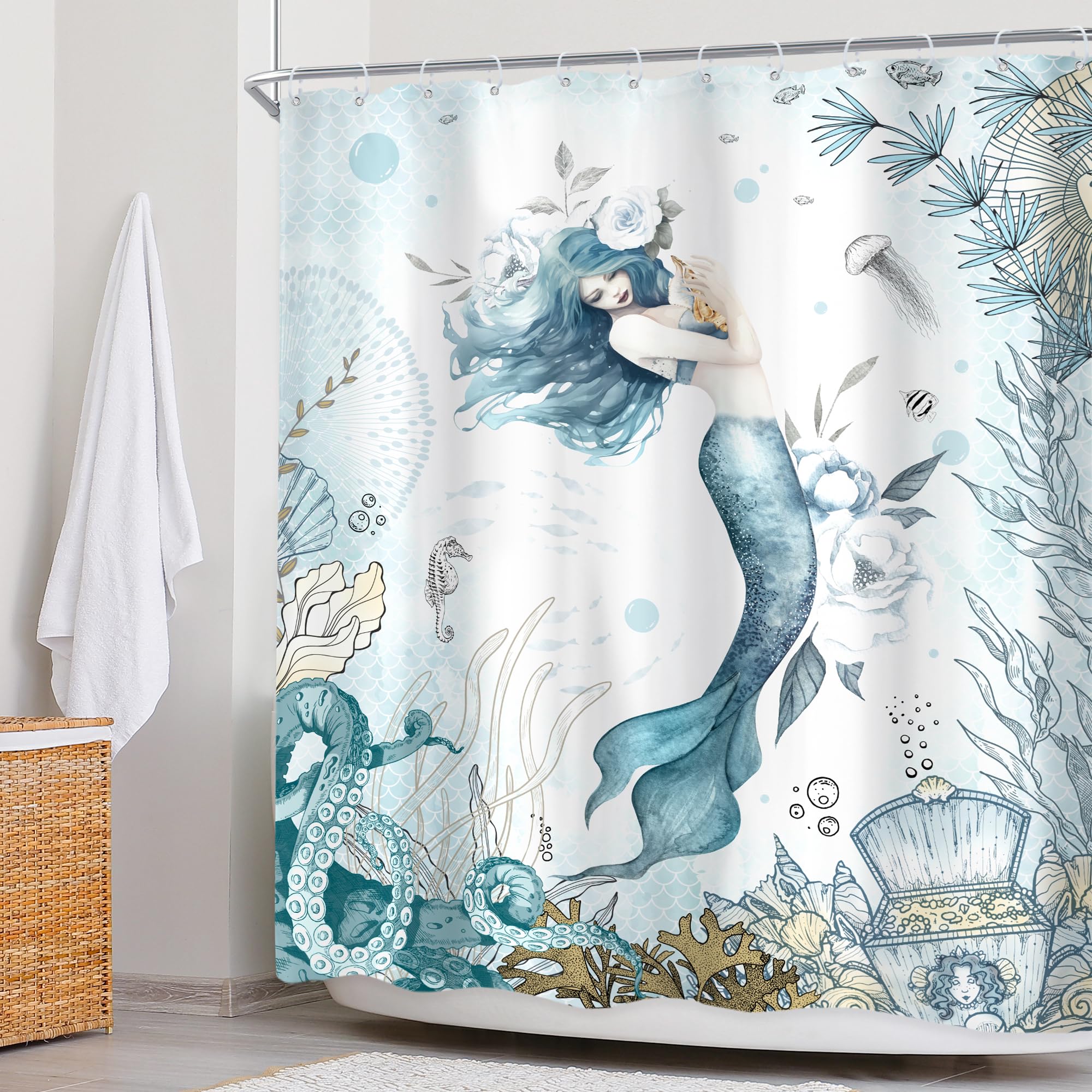 Newsely Mermaid Shower Curtain 60Wx72H Inch Nautical Blue Sea Ocean Octopus Coastal Coral Underwater Fish Seashell Jellyfish Tea