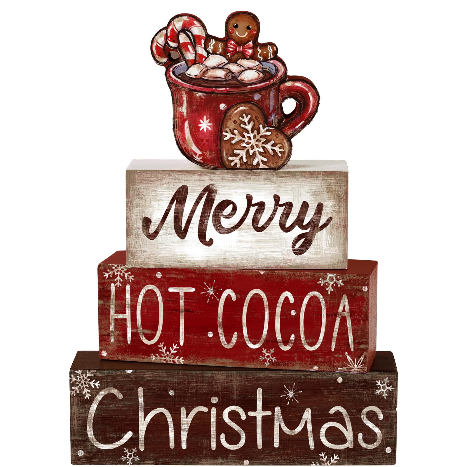 DIYDEC 4Pcs Christmas Wooden Tabletop Decoration Hot Cocoa Wooden Block Signs Gift Rustic Xmas Tiered Tray Decor Merry Christmas