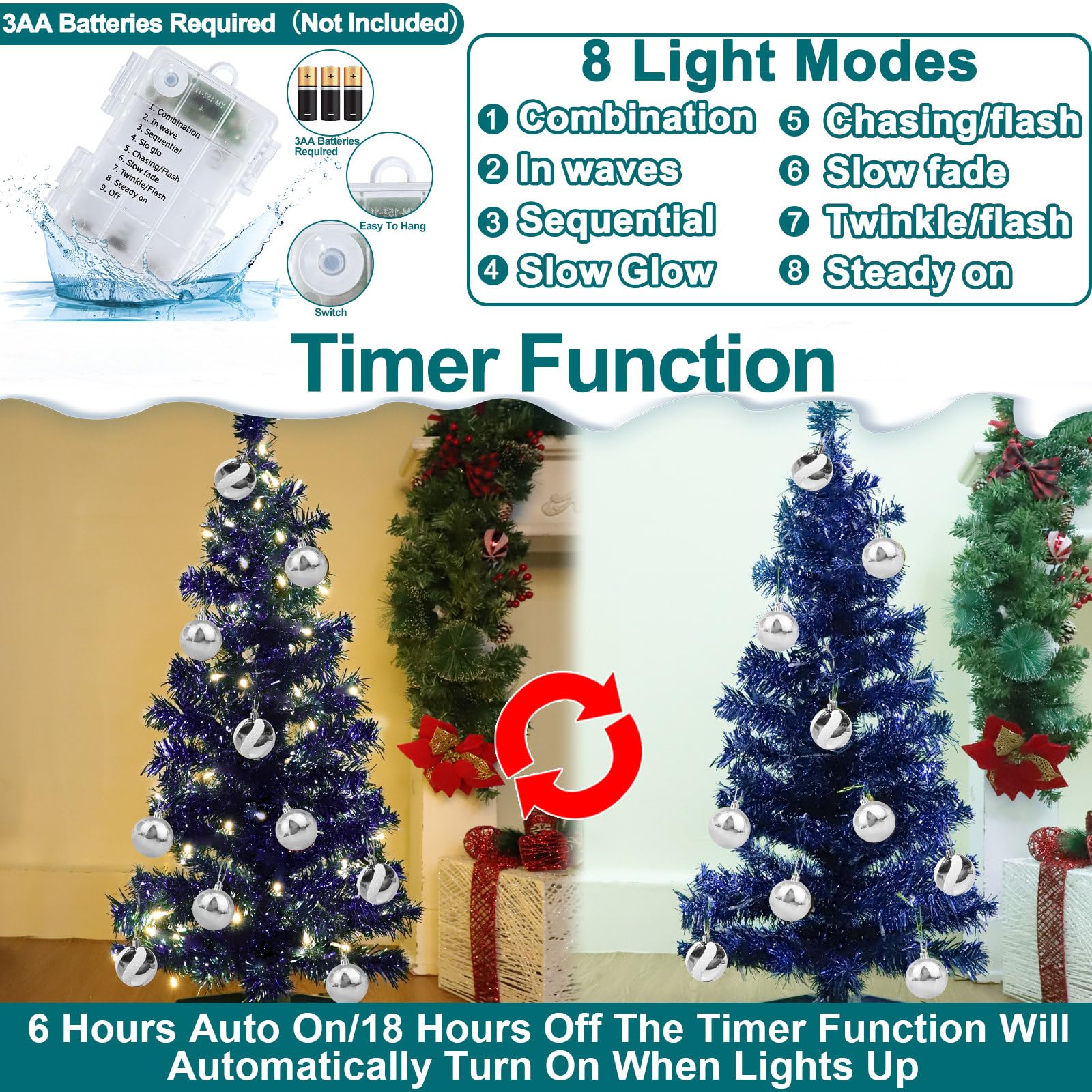 TURNMEON 3 Ft Christmas Hanukkah Tree with Lights Timer 15 DIY Ball Ornament Star Blue Small Tinsel Tree Battery Operated Christ