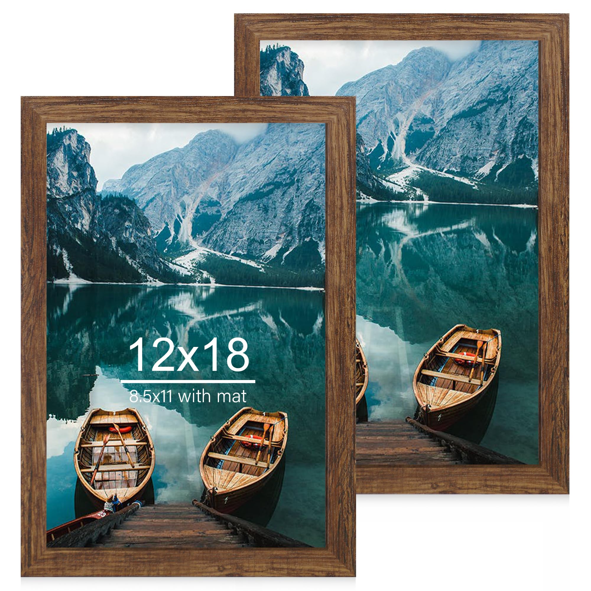 Hongkee 12x18 Frame Set of 2, Rustic Brown Wood Style, Display 12 x 18 Poster without Mat or 8.5x11 Picture with Mat, Wall Mount