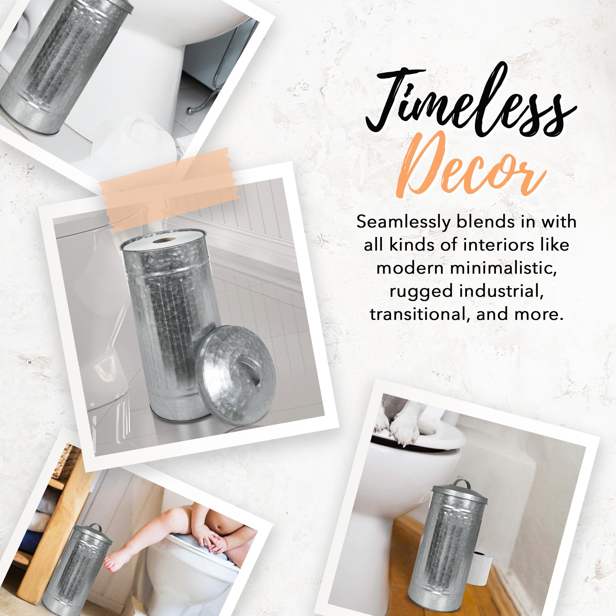 Autumn Alley Farmhouse Galvanized Metal Free Standing Toilet Paper Holder Organizer Stand Canister with Lid - Fits 3 Mega Rolls  Rustic Behind/Beside Toilet Storage Stand