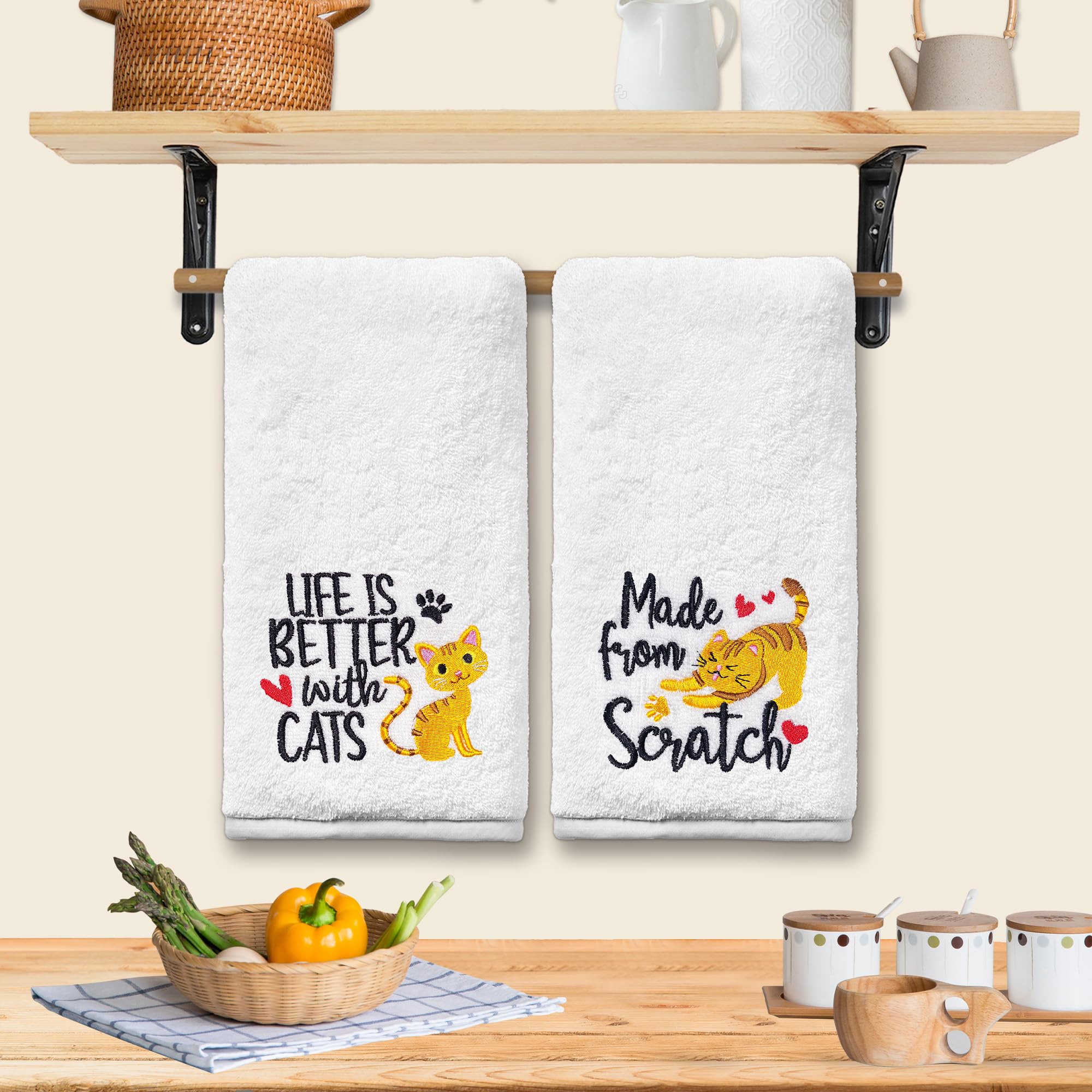 FUTBU Cat Hand Towels for Bathroom - Set of 2, Embroidered Cat Lover Gifts, Soft Cotton 14x30 Inches