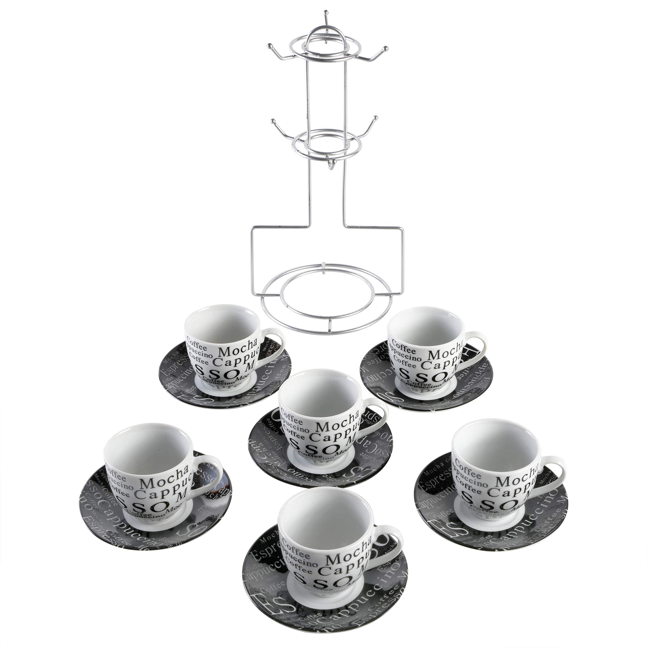 Gibson Home Expressions Espresso Porcelain Saucer Set, 13Pc Cups Stand, White/Black