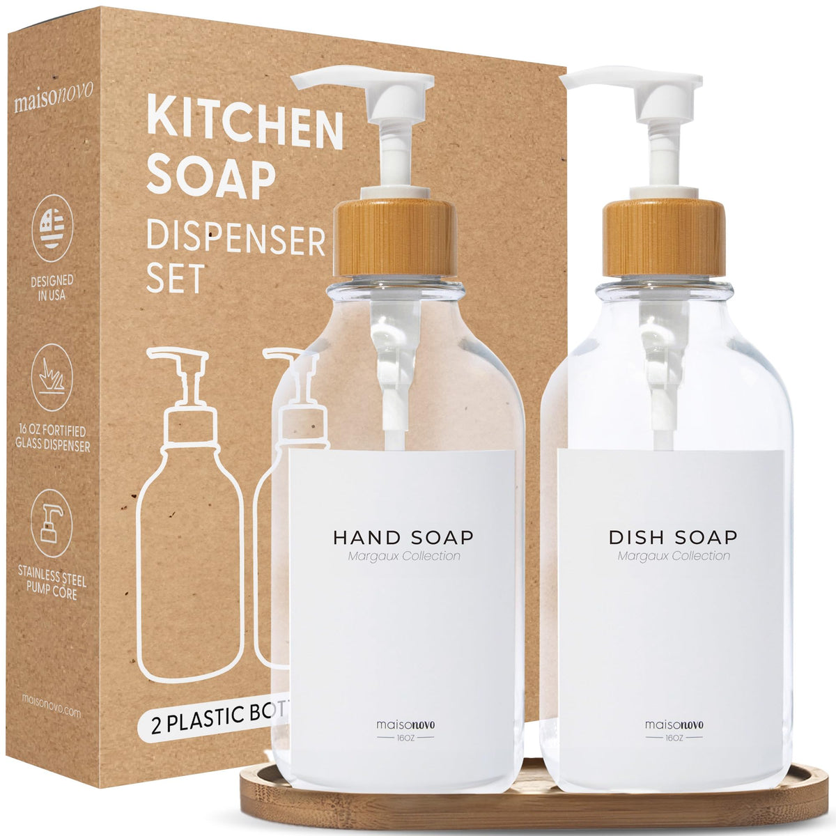 Maisonovo Kitchen Soap Dispenser Set - Plastic Soap Dispenser With Pump - Clear Bamboo White Pump 16.9 Fl Oz - Bathroom Soap Dis