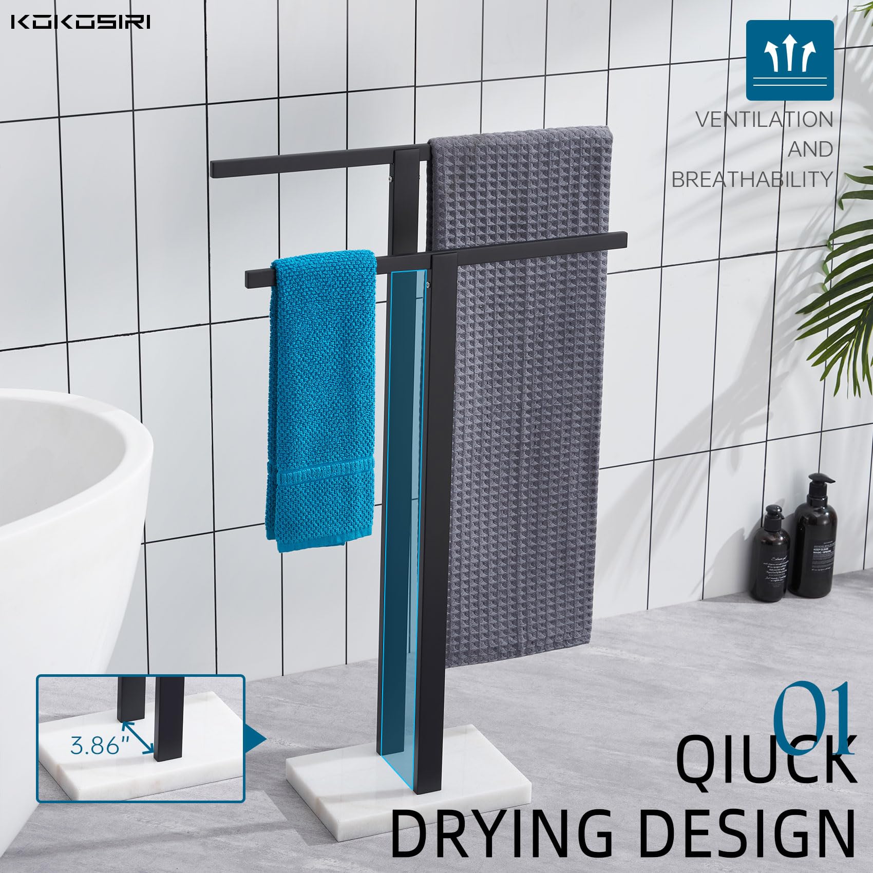 Kokosiri Bathroom Towel Rack 2-Tier Standing Towel Racks With Marble Base, Stainless Steel Freestanding Towel Bars, Thicken Stea