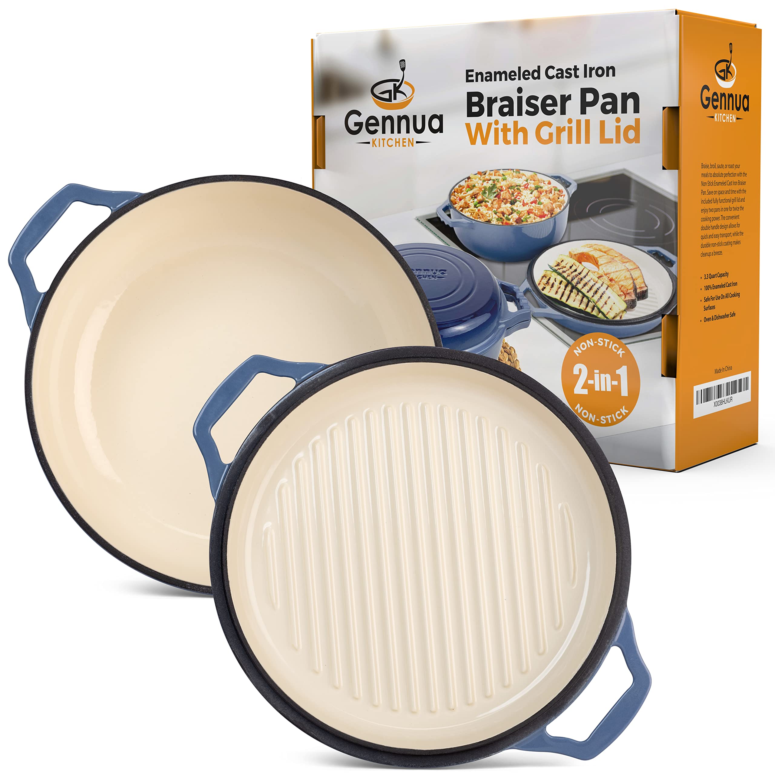 Gennua Kitchen 2-in-1 Enameled Cast Iron Braiser Pan, 3.3-Quart, Blue, Casserole & Stovetop Grill Cookware