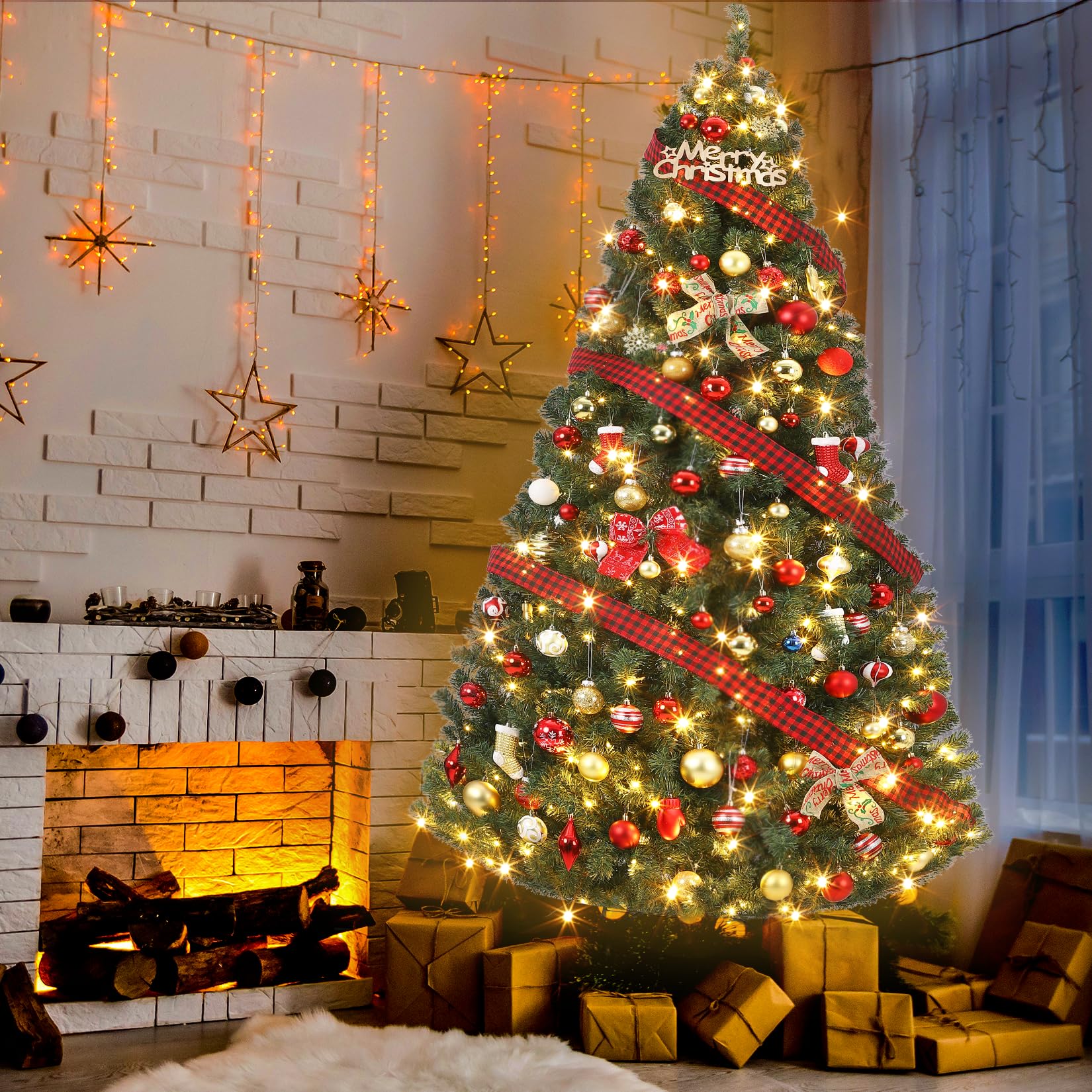 7.5FT Prelit Fluffy Noble Fir Artificial Christmas Tree with 600 Multicolor Lights& 9 Modes, Hinged Branches& 2200 Tips, Artific