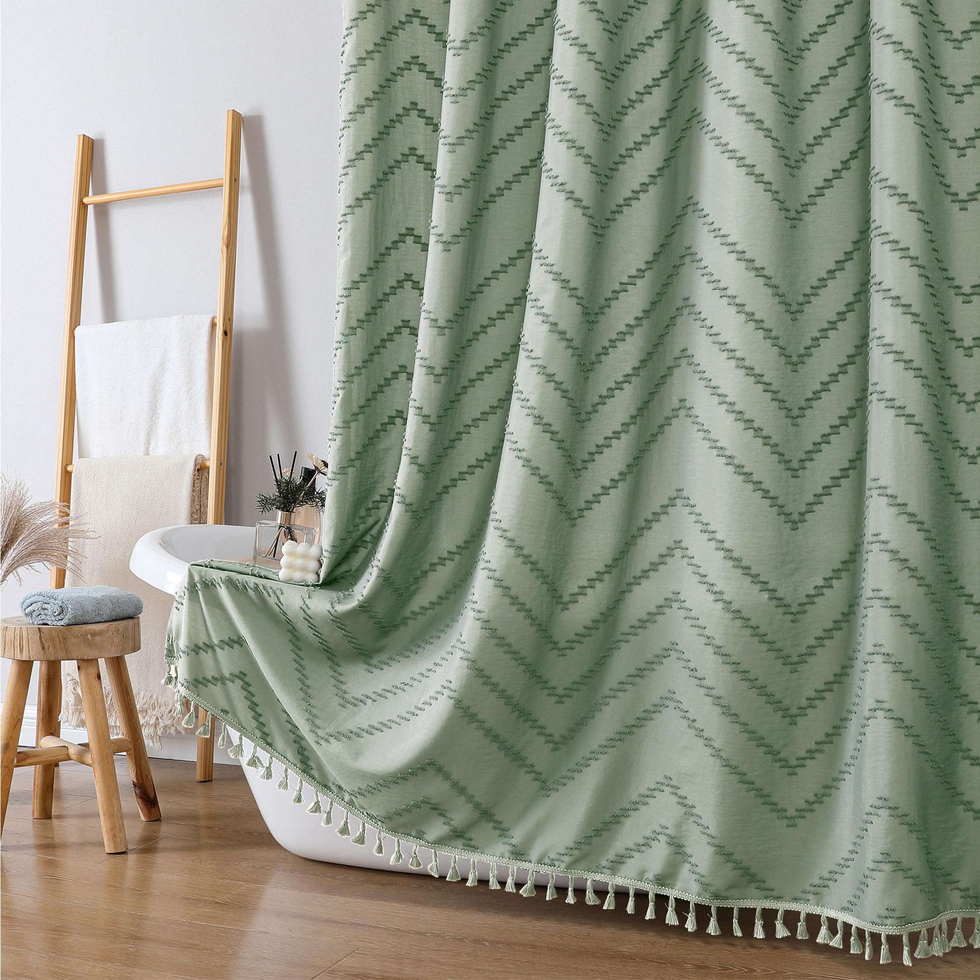 Owenie Extra Long Sage Green Boho Shower Curtain, Chic Tufted Chevron Striped Textured Cloth Fabric Shower Curtains With Tassel 