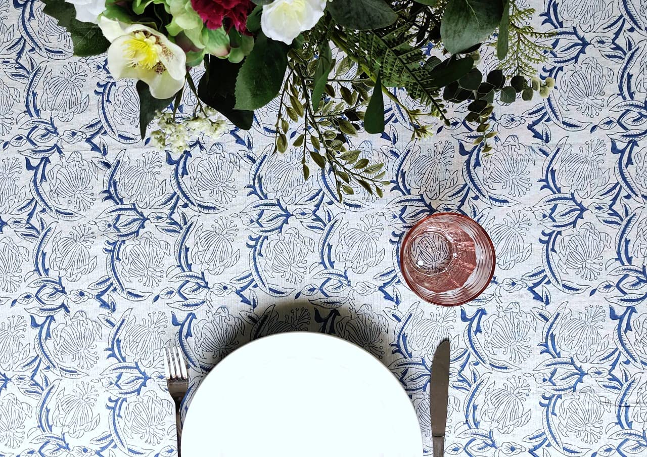 ATOSII Santorini 100% Cotton Fall Tablecloth, Handblock Print Blue Square Table Cloth for Kitchen I Dining Table Linen I Parties