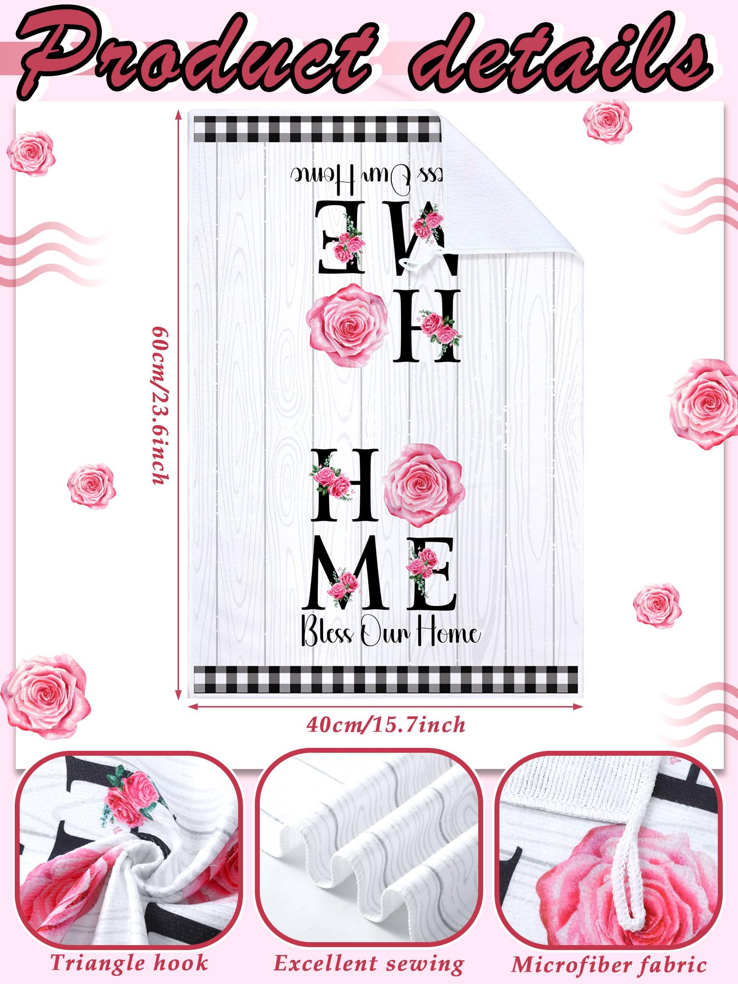 Bencailor 4 Pcs Pink Rose Kitchen Towels Flower Floral Hand Dish Towels Pink Buffalo Plaid Absorbent Dishcloth Fast Drying Decor