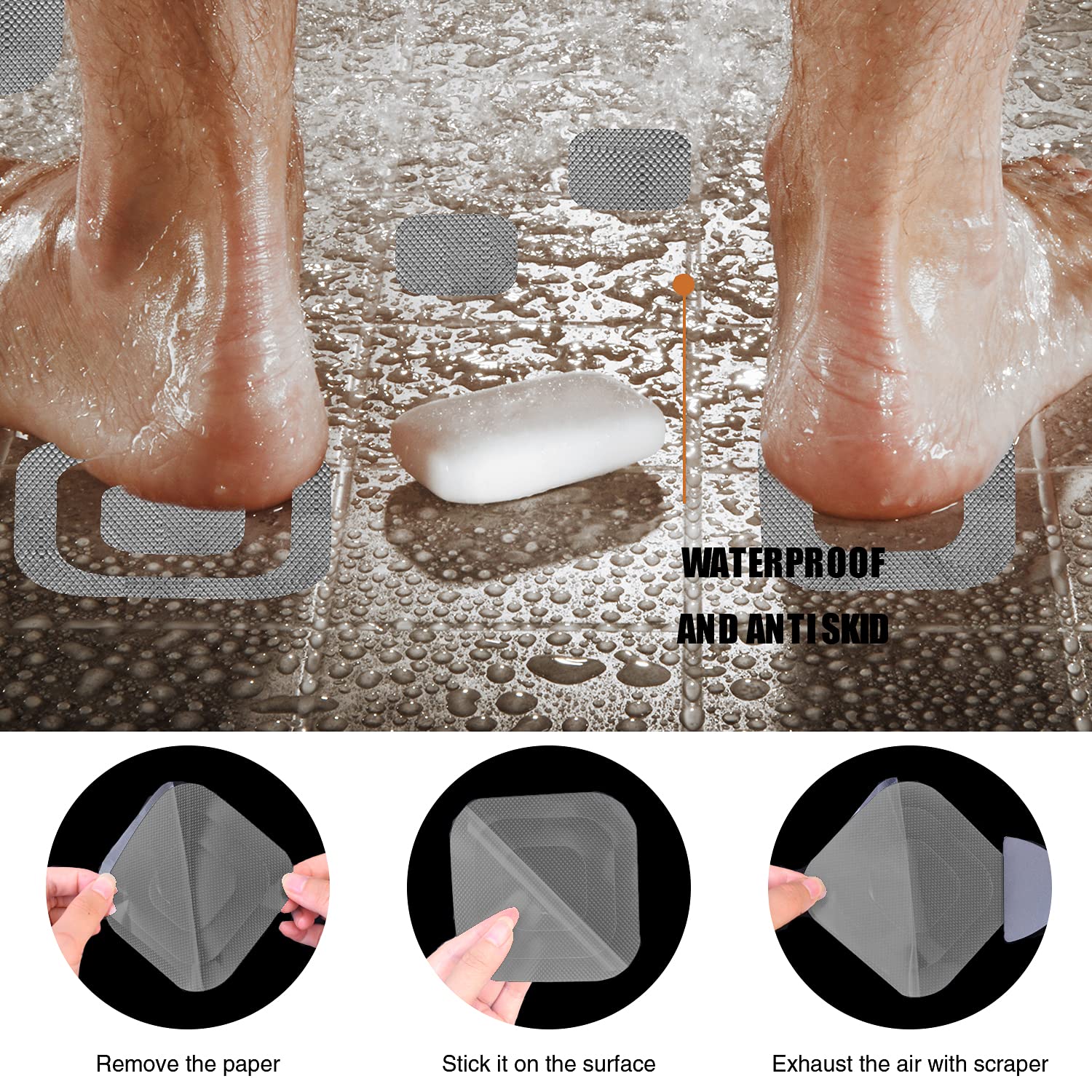 Secopad Non-Slip Bathtub Stickers, 36 Pcs Safety Bathroom Tubs Showers Treads Adhesive Decals Scraper (Grey)