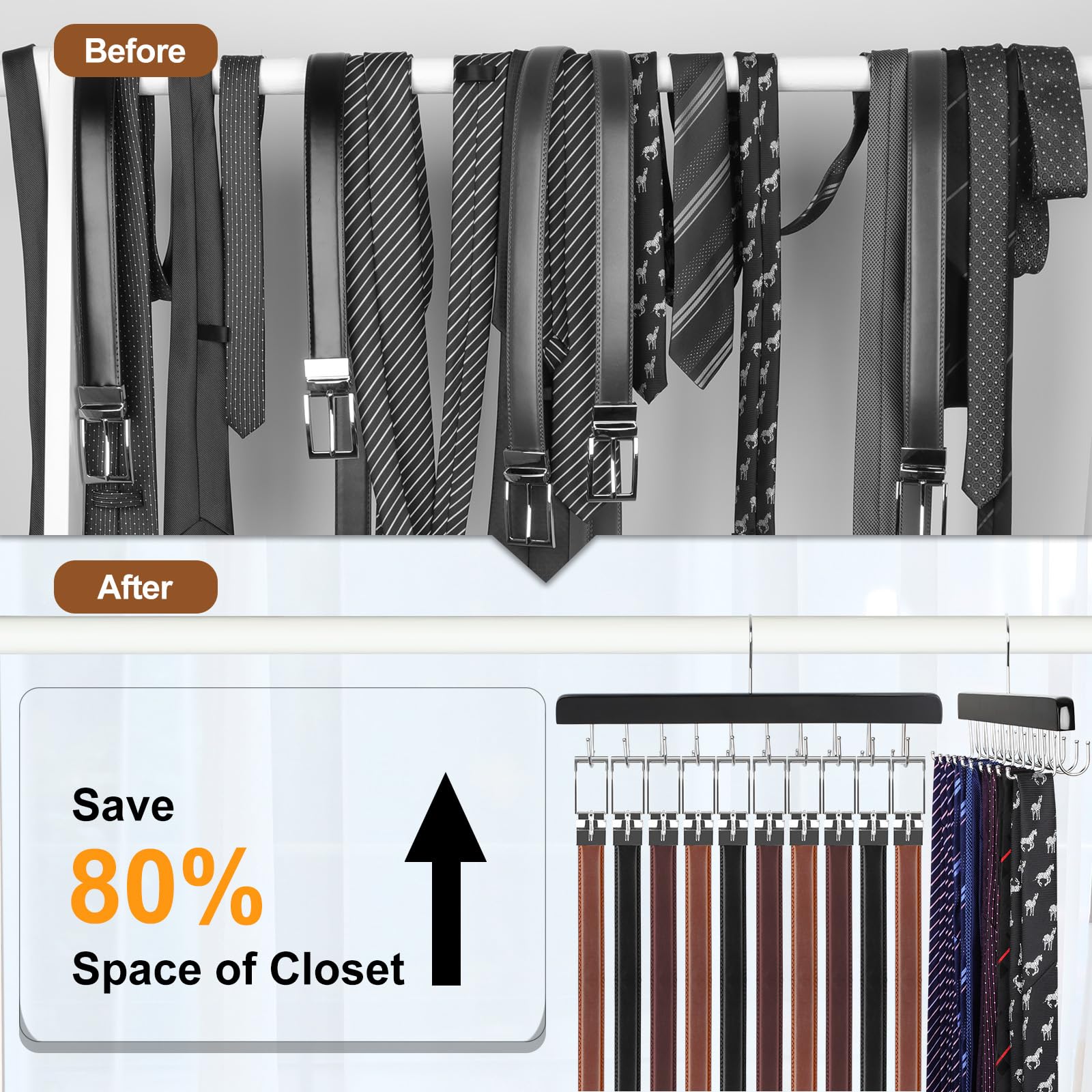 Topia Hanger 2 Pack 2 In 1 Belt Tie Hanger For Closet Max 60 Belts With 60 Ties Capacity, 20 Hooks Belt Tie Racks Wooden Hanger