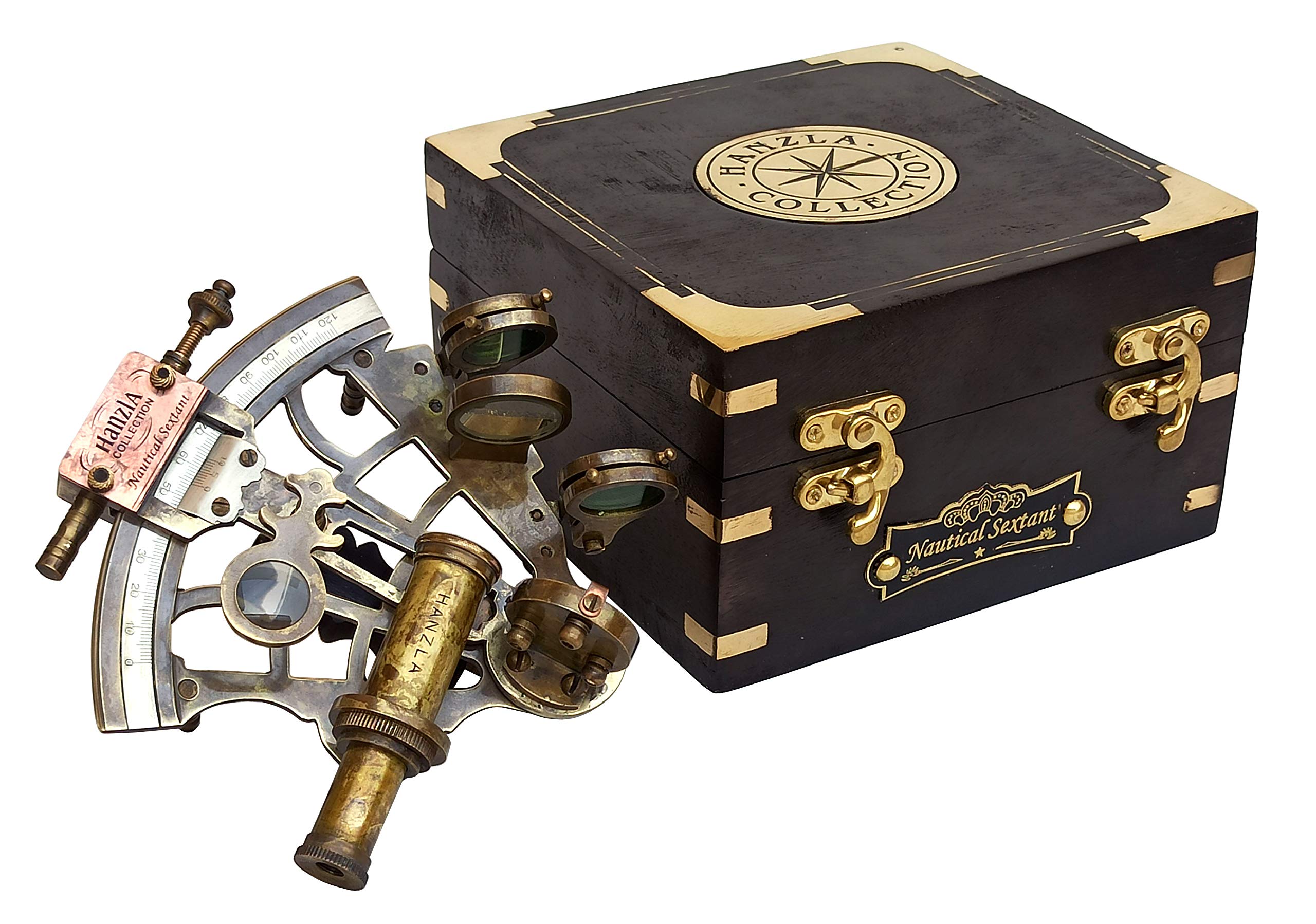 Hanzla Collection Brass Sextant for Navigation with Inbuild Compass Vintage Nautical Brass Sextant J. Scott Antique Sextant with