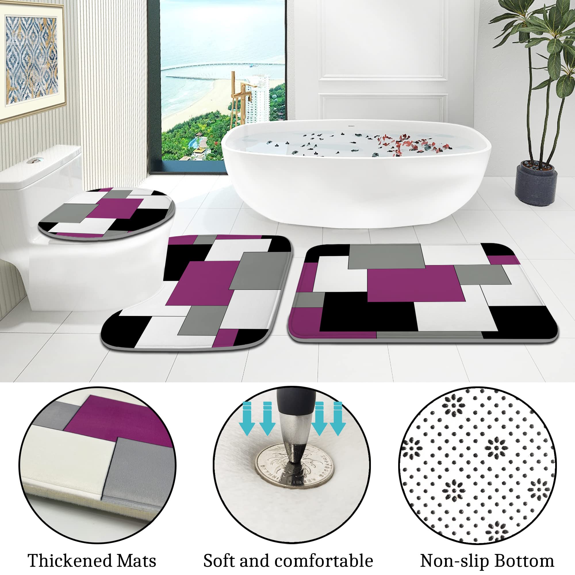 ENYORSEL Purple Bathroom Sets with Shower Curtain and Rugs  4 PCS Geometric Bathroom Shower Curtain Set with Rugs  Incl Shower Curtain with 12 Hooks  Bath Mat  U-Shaped Floor Mat  Toilet Lid Oval Rug