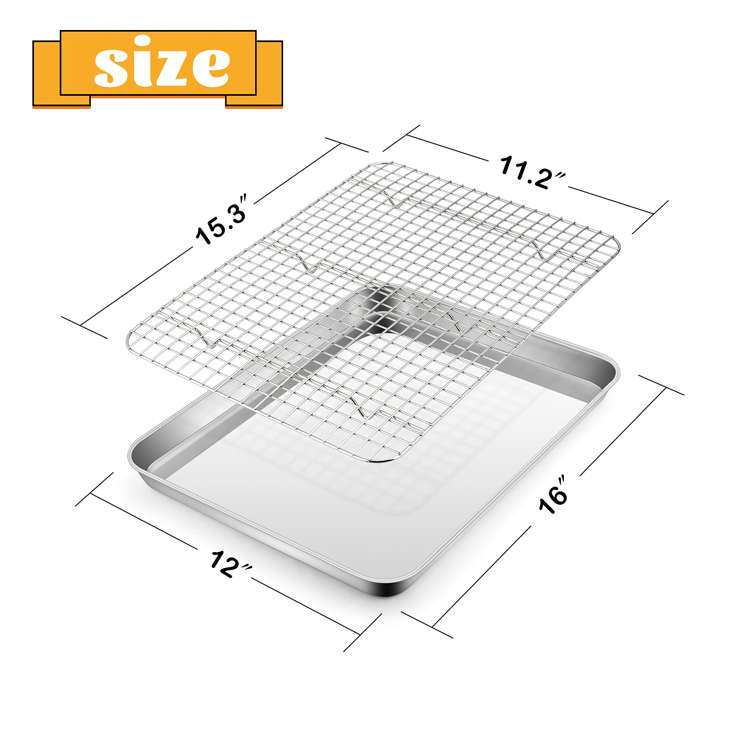 Stainless Steel Baking Sheet With Rack Set, E-Far 16   X12    Cookie Sheet Pan For Oven, Rimmed Metal Tray With Wire Cooling Rac