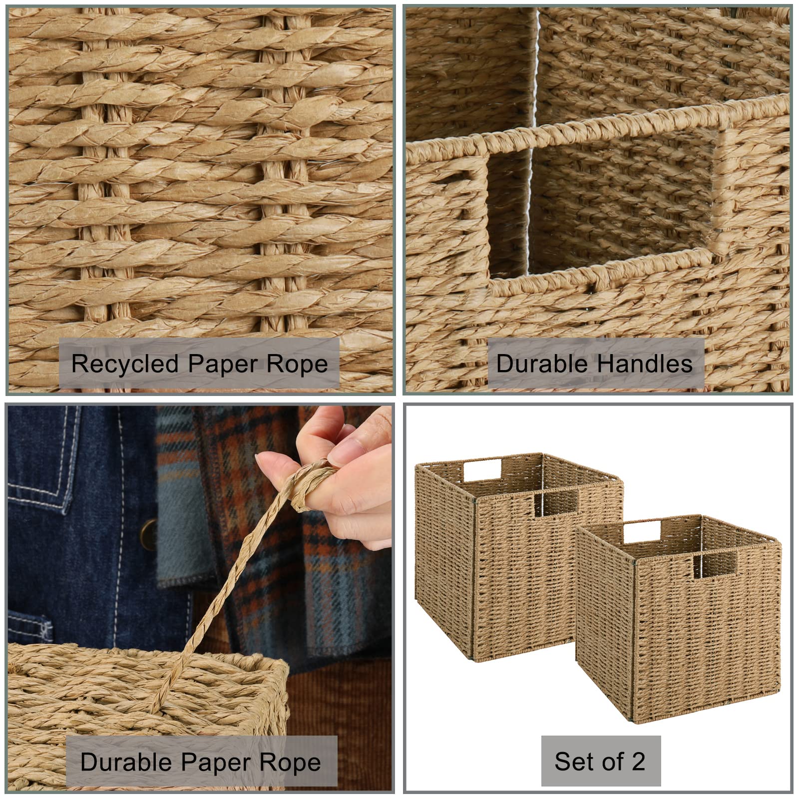 Vagusicc Wicker Storage Basket, Set Of 2 Hand-Woven Storage Baskets For Shelves With Handles Foldable Cube Storage Baskets Bins,