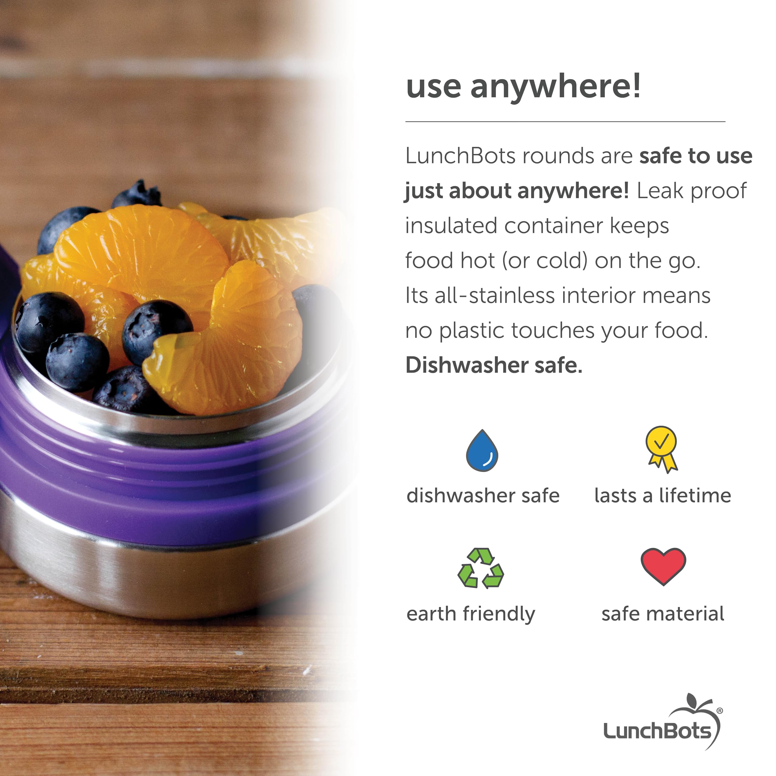 Lunchbots Rounds Leak Proof 4 Oz. Stainless Snack Container Jar, Set Of 2, Purple Lids