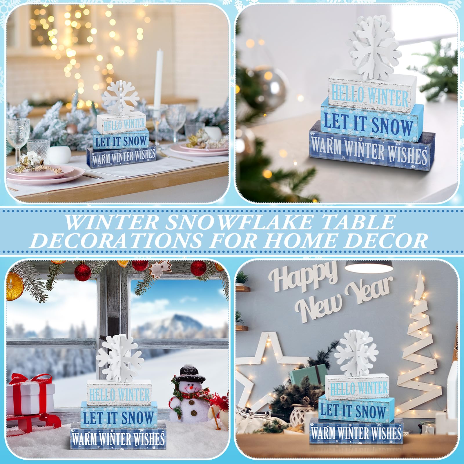 Geelin 4 Pieces Hello Winter Wooden Table Decorations Let It Snow Wooden Signs Rustic Snowflake Tiered Tray Decor Winter Wishes
