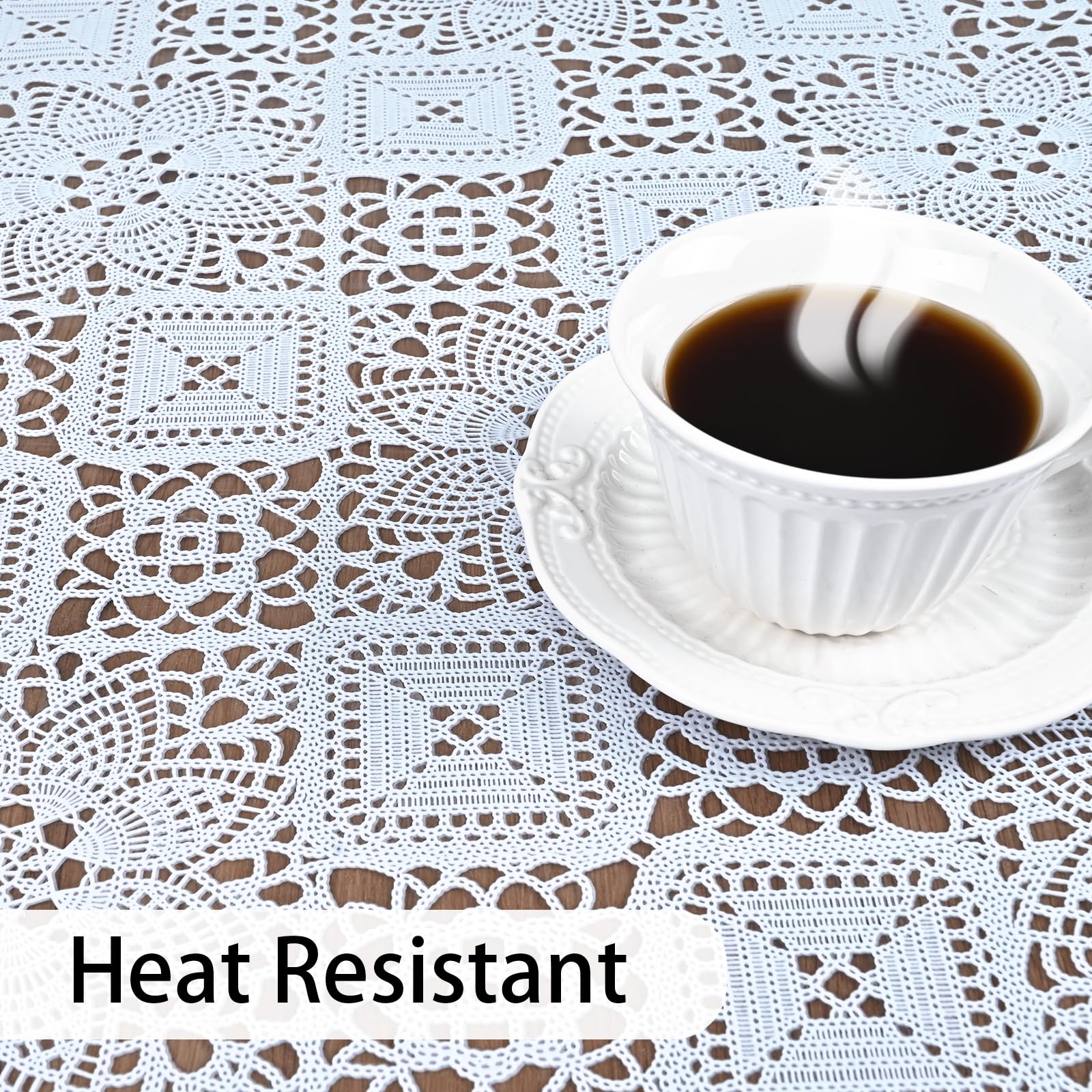 Likiyol White Vinyl Tablecloth, Oval Lace Tablecloth, Heavy Duty Vinyl Table Cloth, Stain-Resistant Wipeable Table Protector For