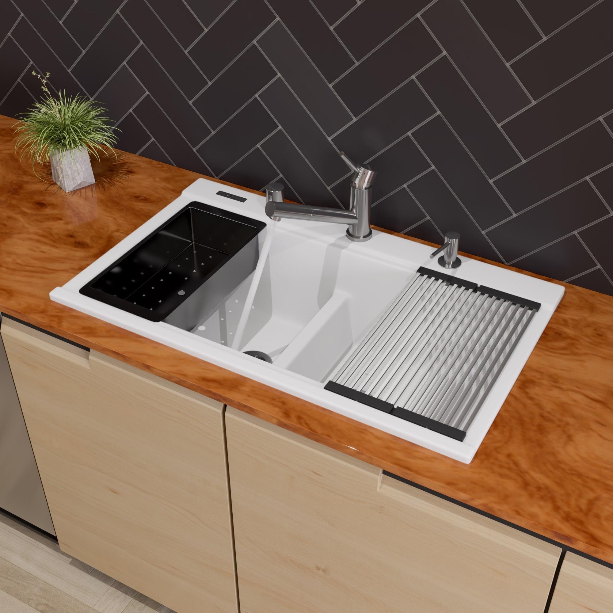 Alfi Brand Ab3418Dbdi-W White 33'' Granite Composite Workstation Step Rim Double Bowl Drop In Sink With Accessories