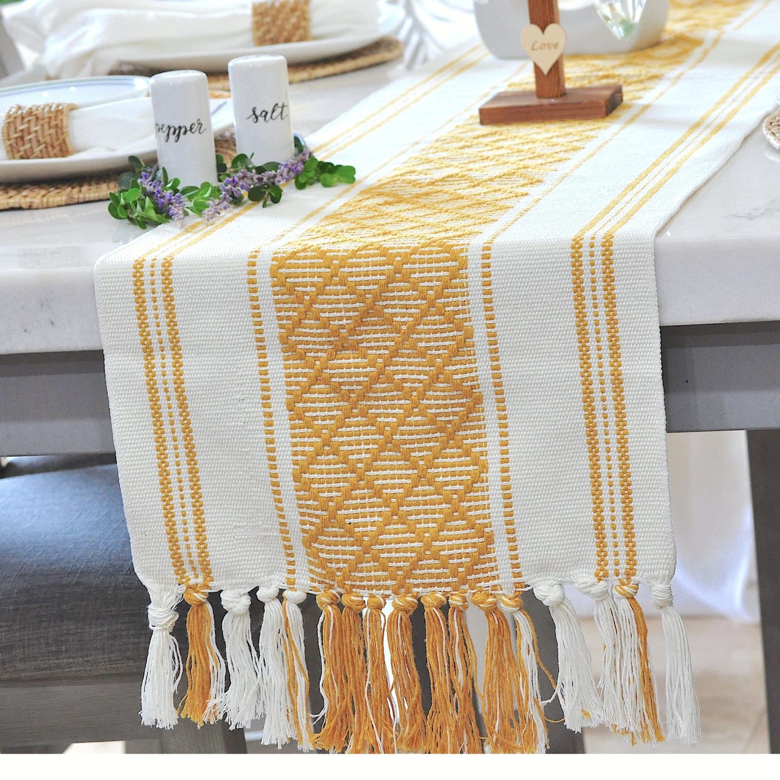 Boho Table Runner With Tassels 14 X 90 Inches, Yellow & Cream | Woven Washable Console Table / Dresser Runner And Topper, Farmho