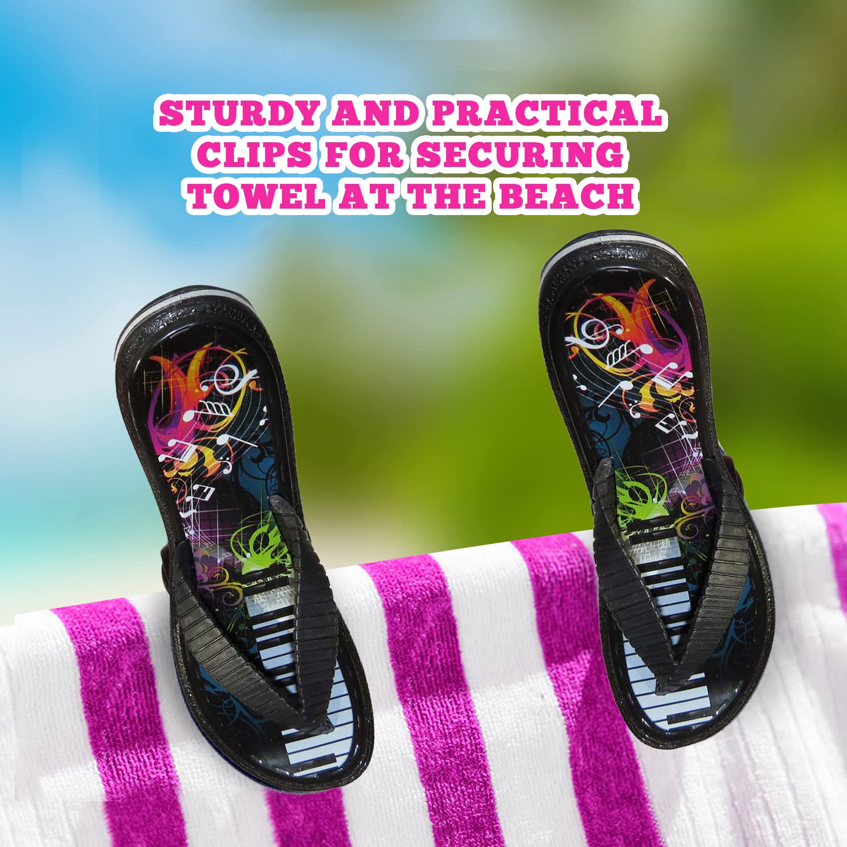 PERFORMORE Flip Flop Beach Towel Clips (Black)  Set of 2  Portable Towel Holder Clips  Secure Clips for Beach Chairs Deck Patio Pool Boat Cruise Lounge Chair Accessories